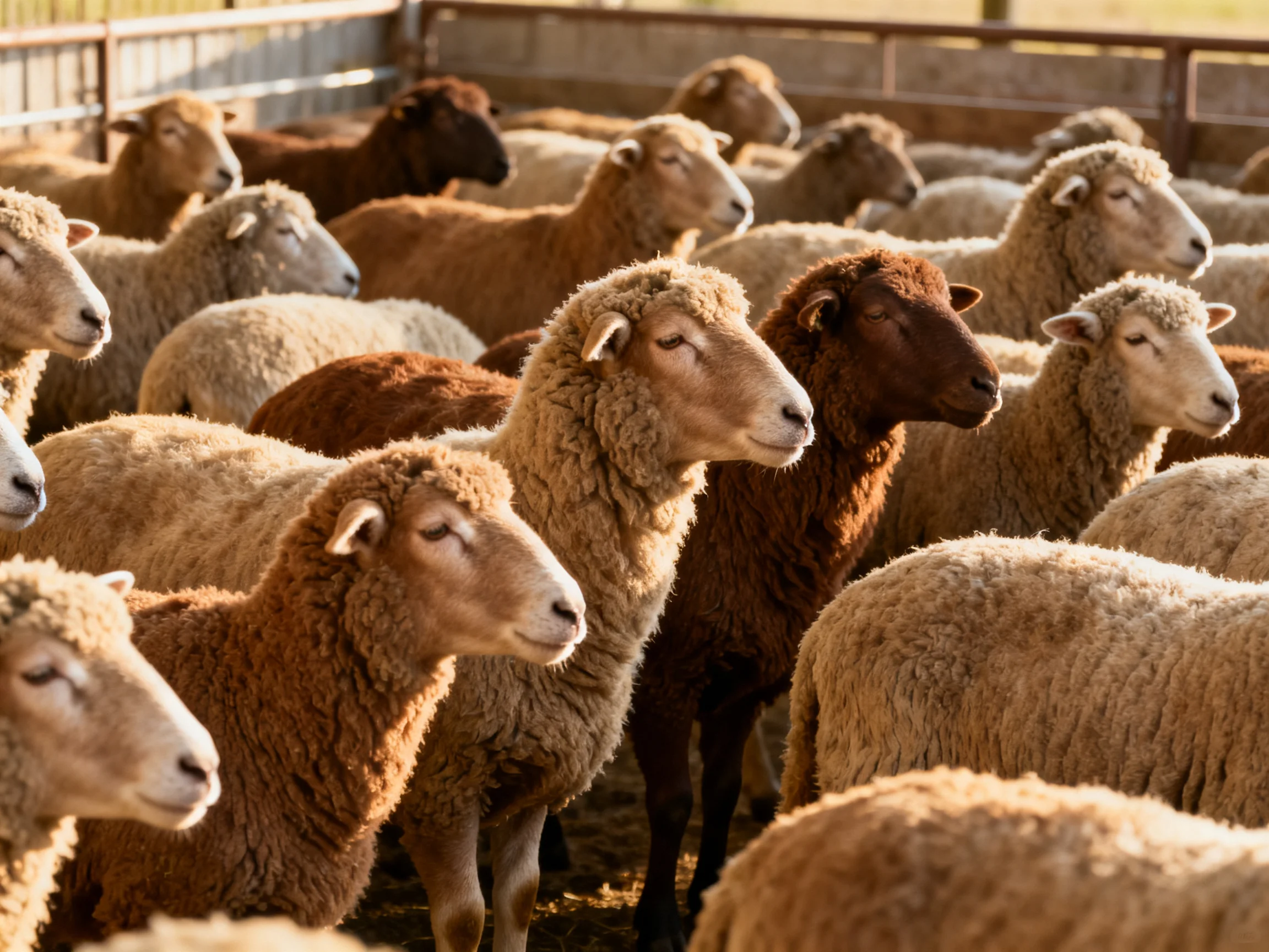 A large group of sheep in mixed brown and beige hues within a fenced enclosure