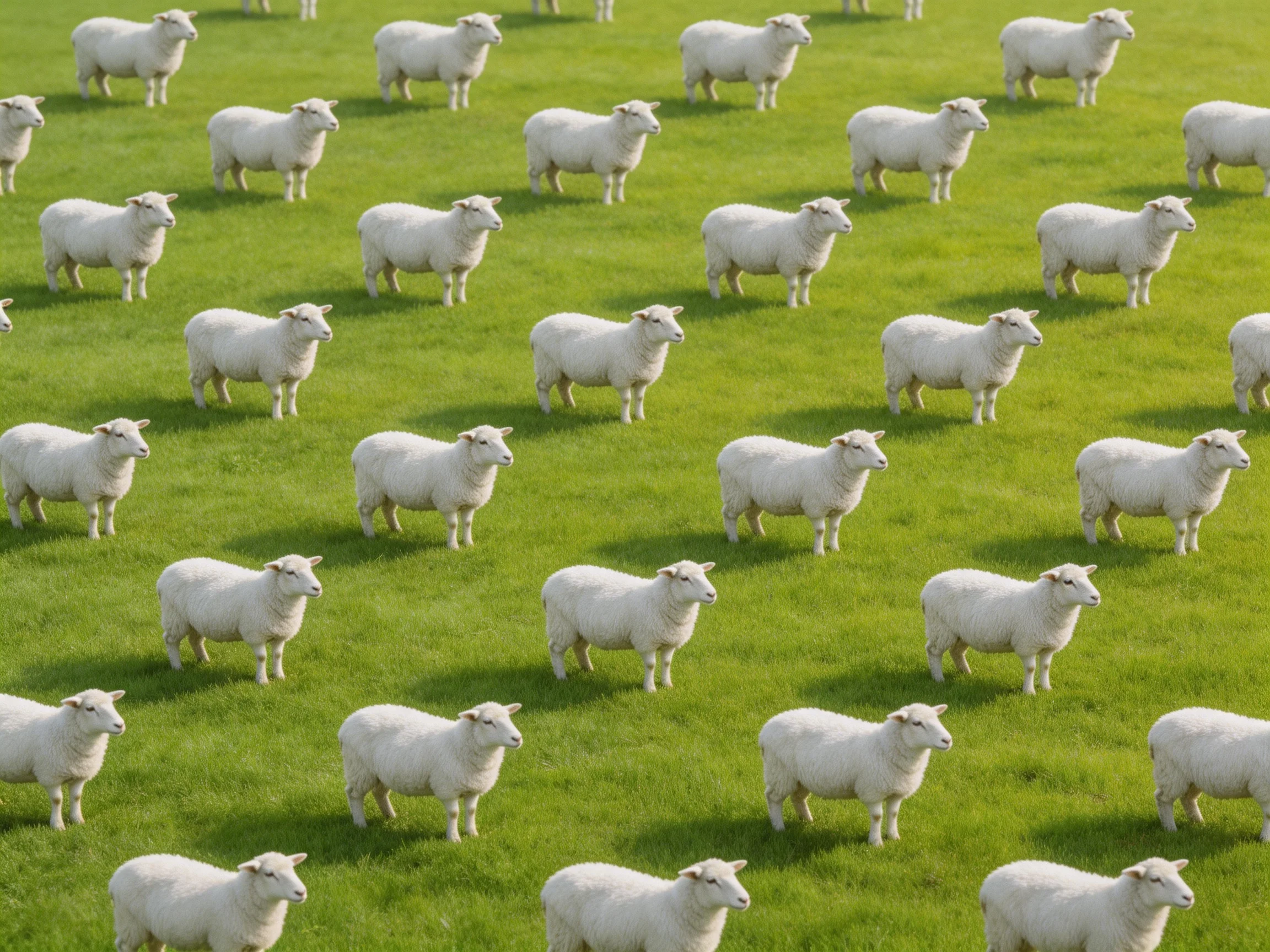 A large group of white sheep grazing on a lush green pasture