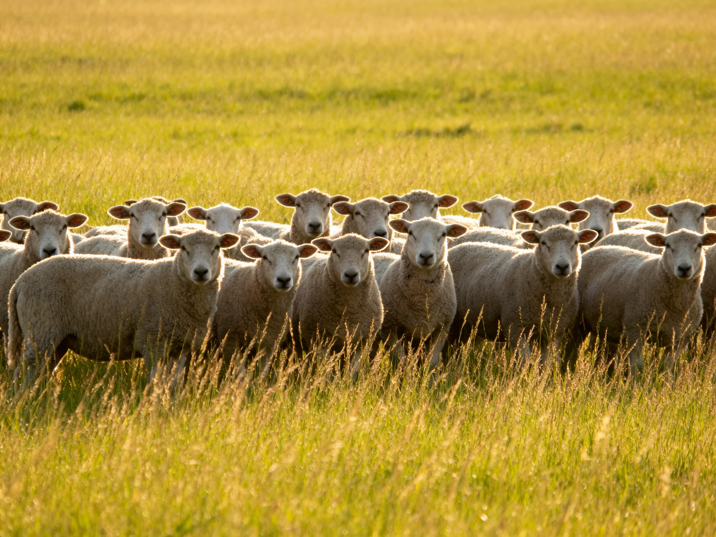 White sheep gather closely in a sunlit green field.