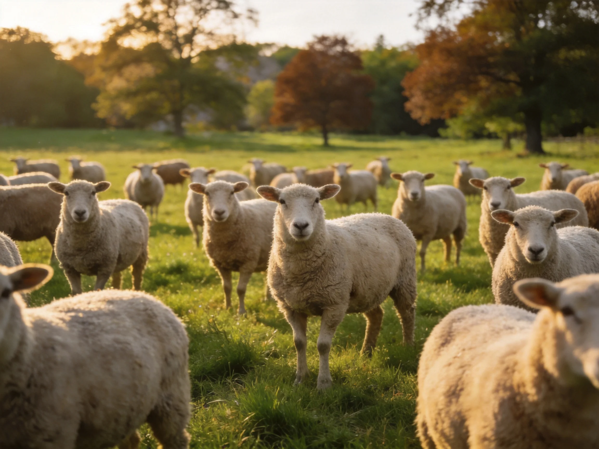 A large herd of sheep in a sunlit green pasture during golden hour