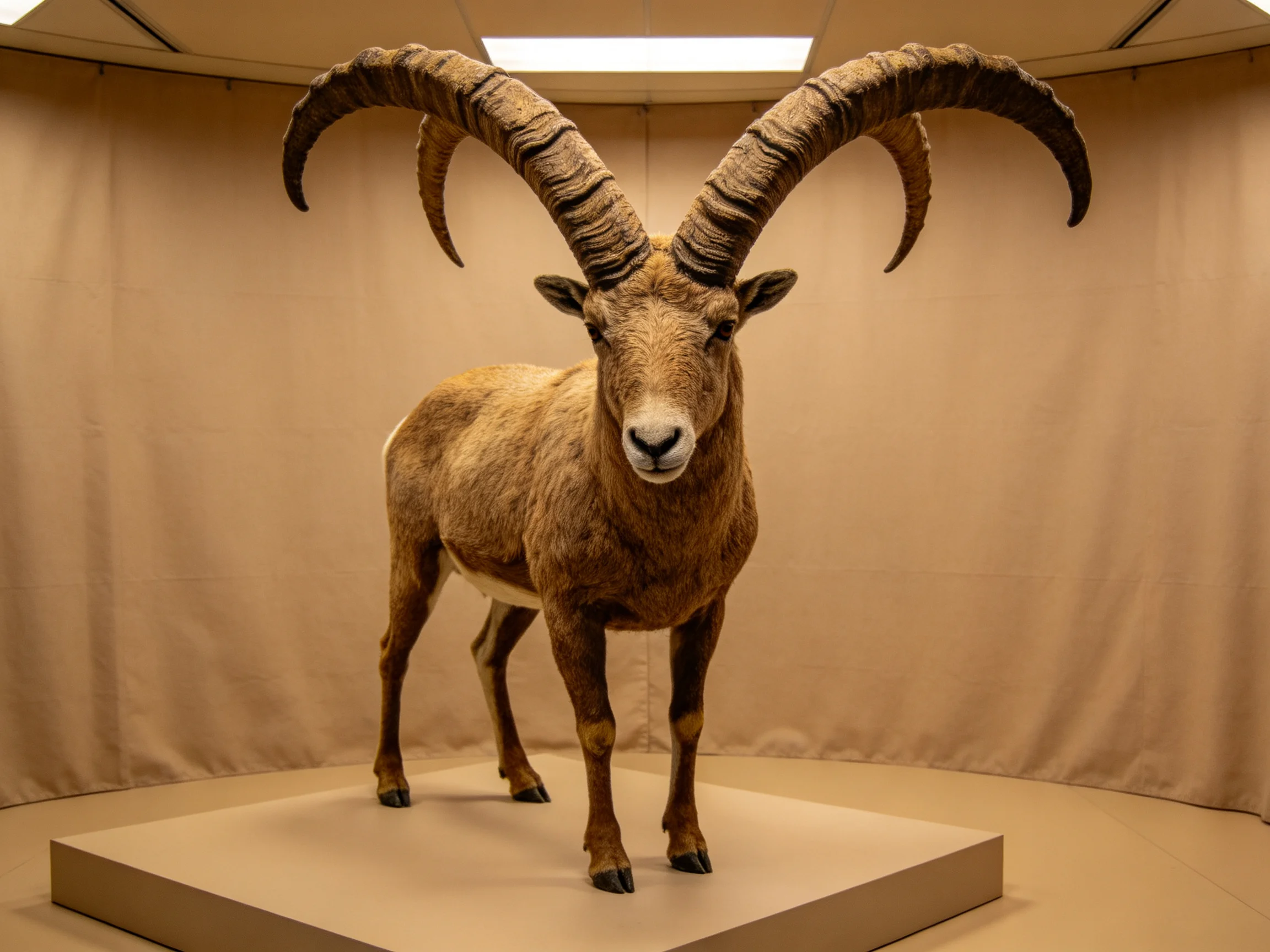 A large horned animal exhibit with earthy brown fur and curved horns