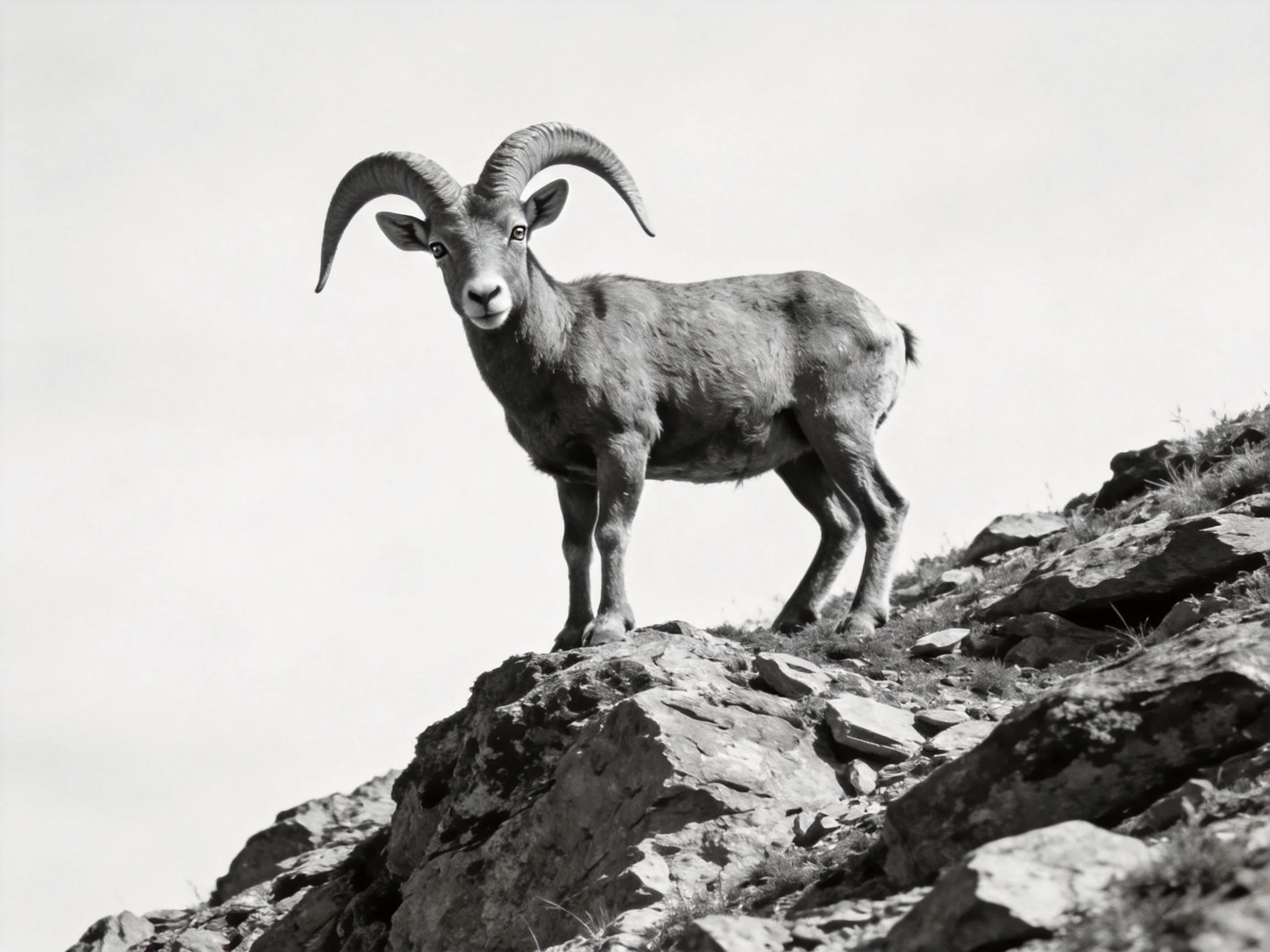A large horned animal stands atop a rocky cliff face