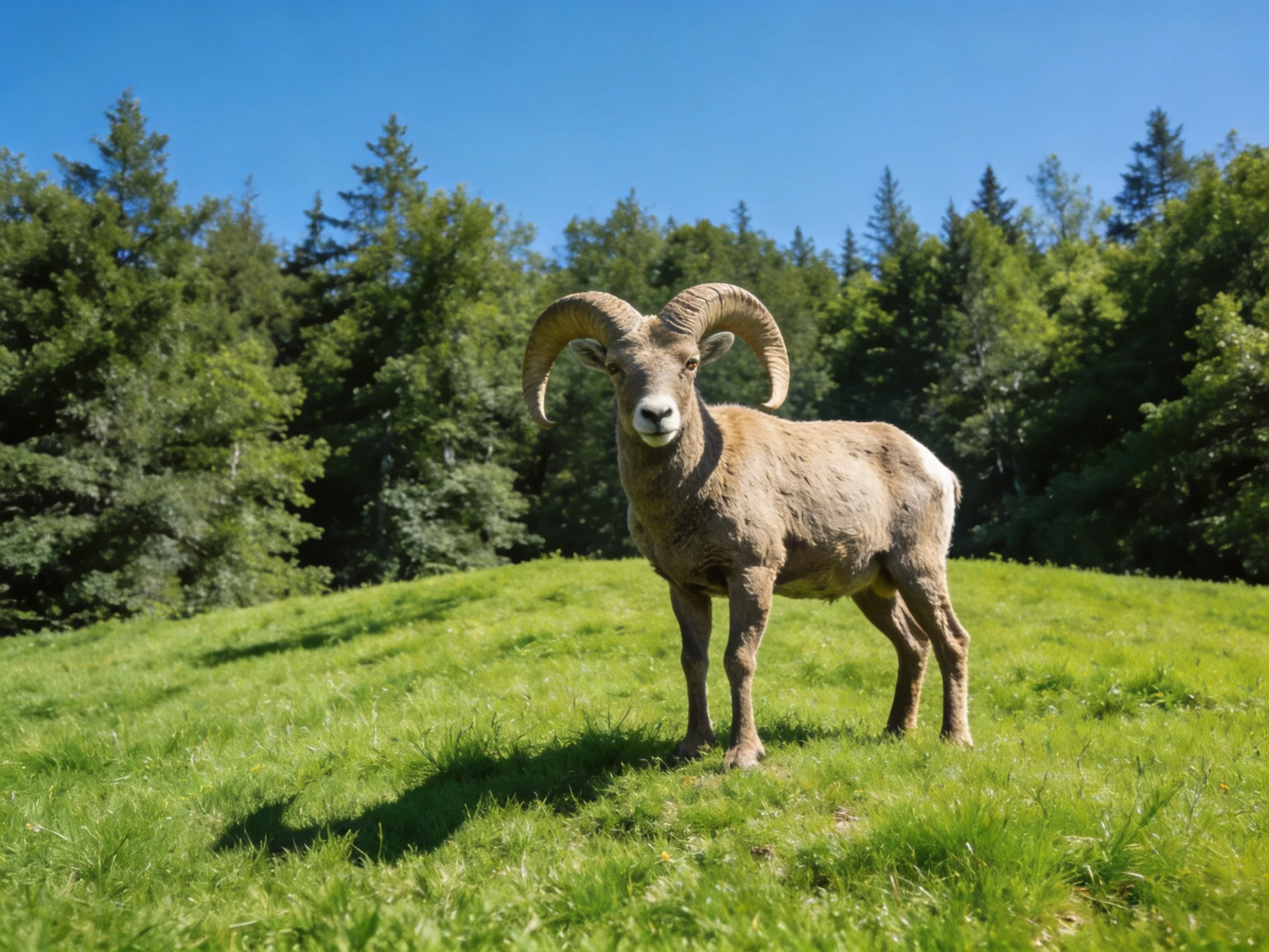 A large horned animal stands on lush green grass near dense forest
