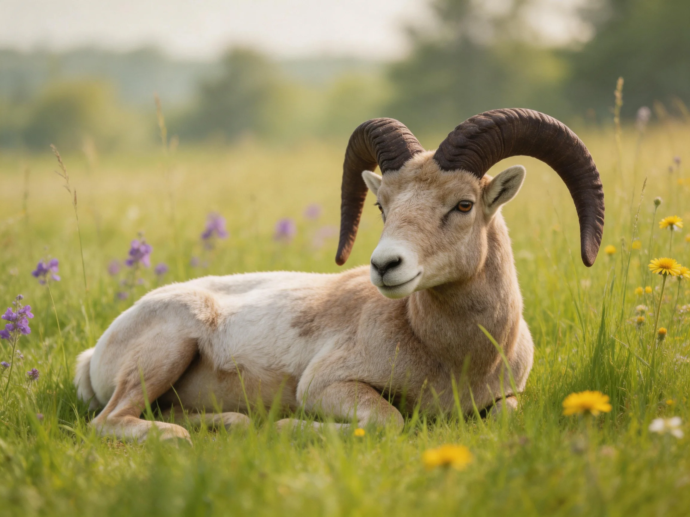 A large-horned goat resting amid colorful wildflowers