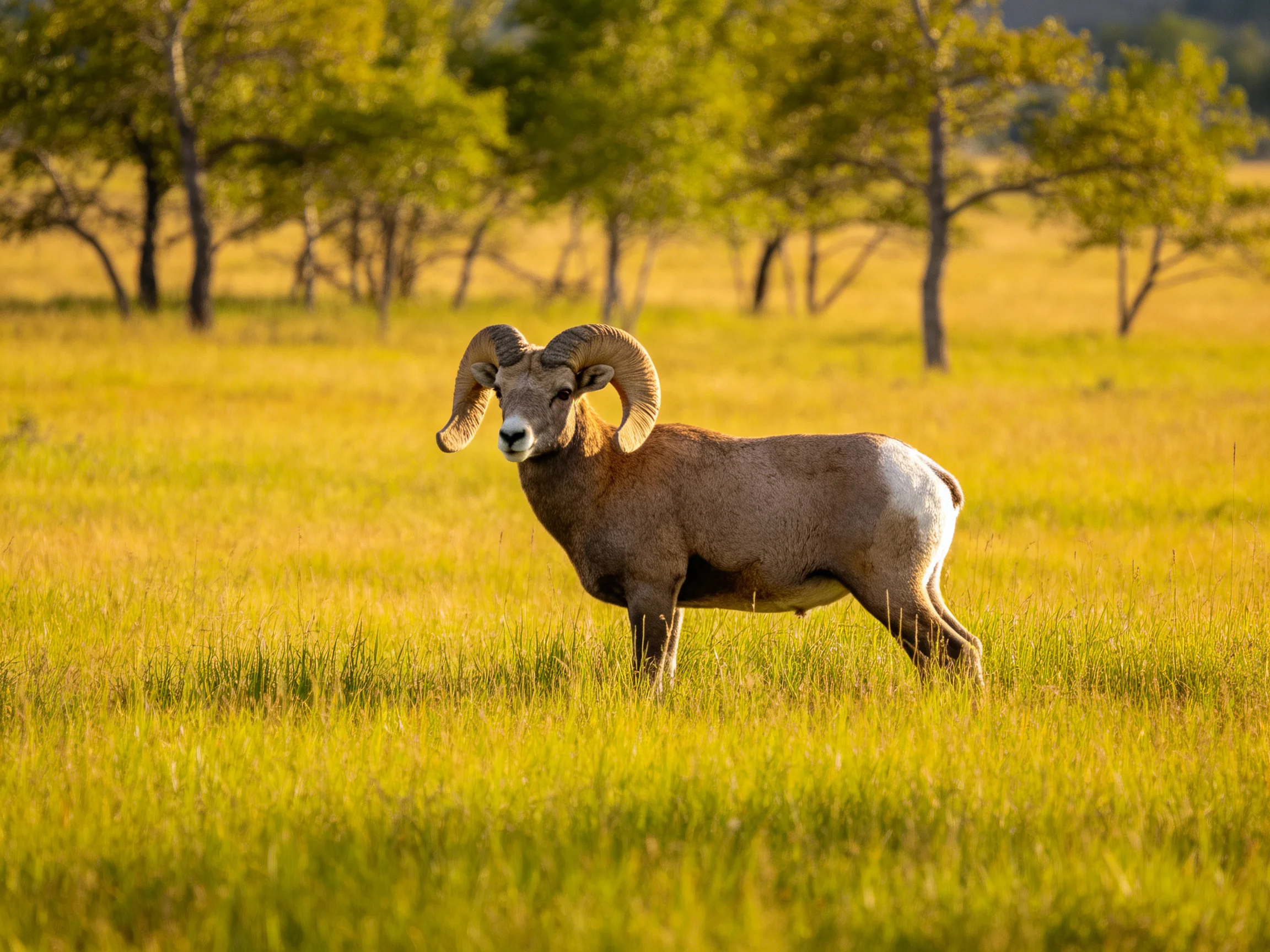 A large horned ram in golden grassland near green trees