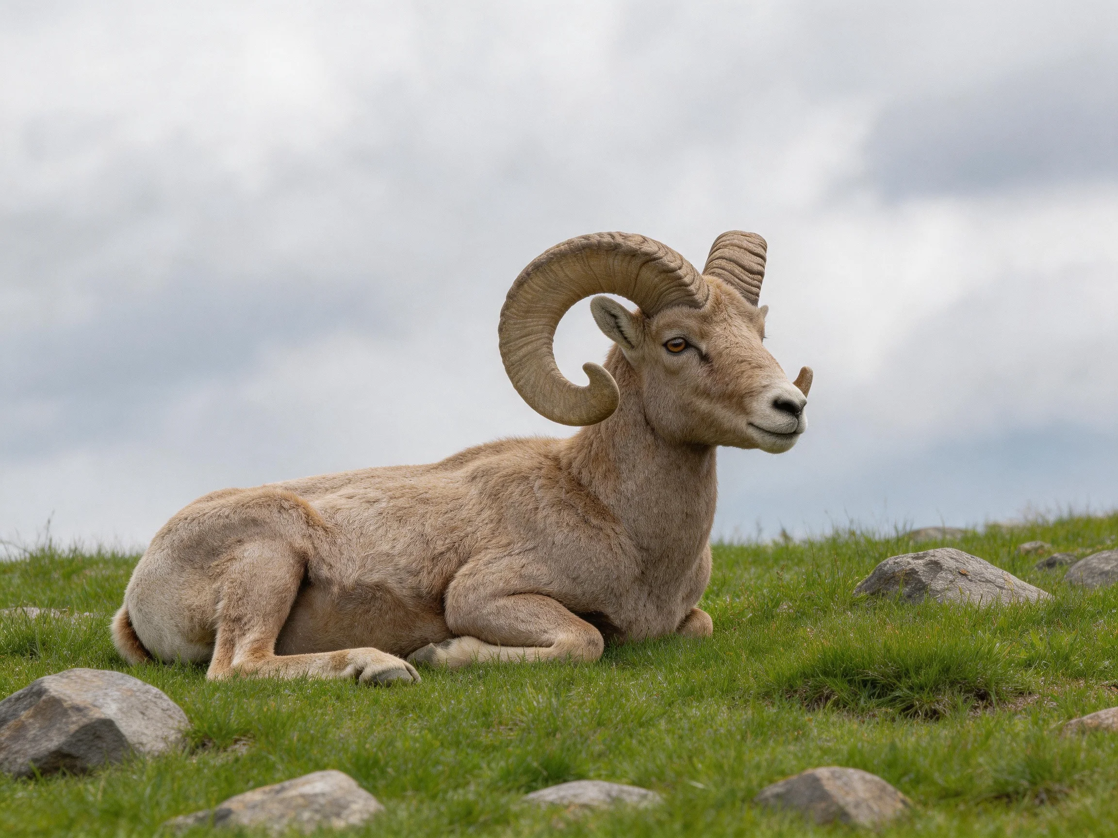 A large-horned ram reclines on green grass near rocks