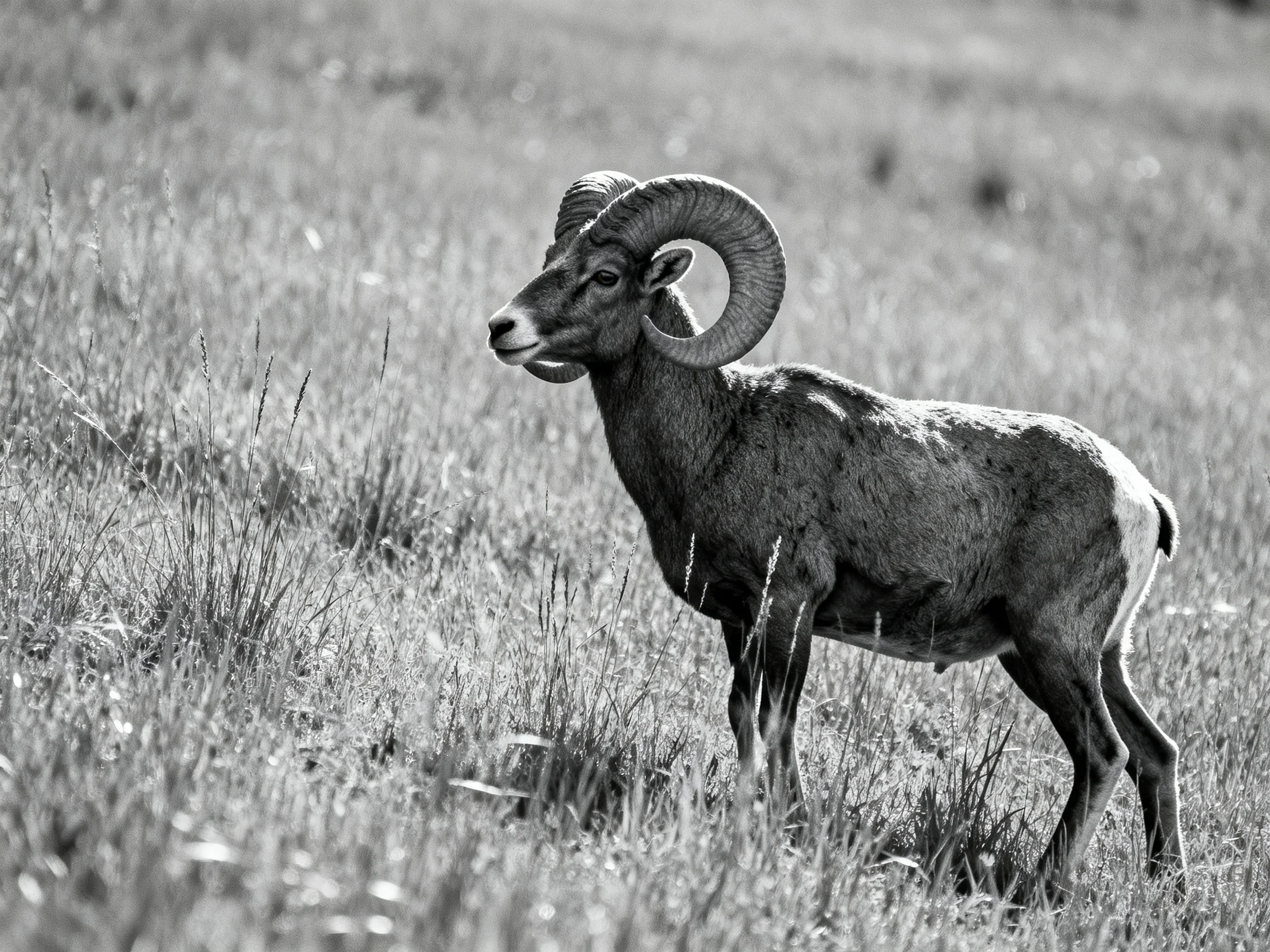 A large horned ram stands in an open grassy field