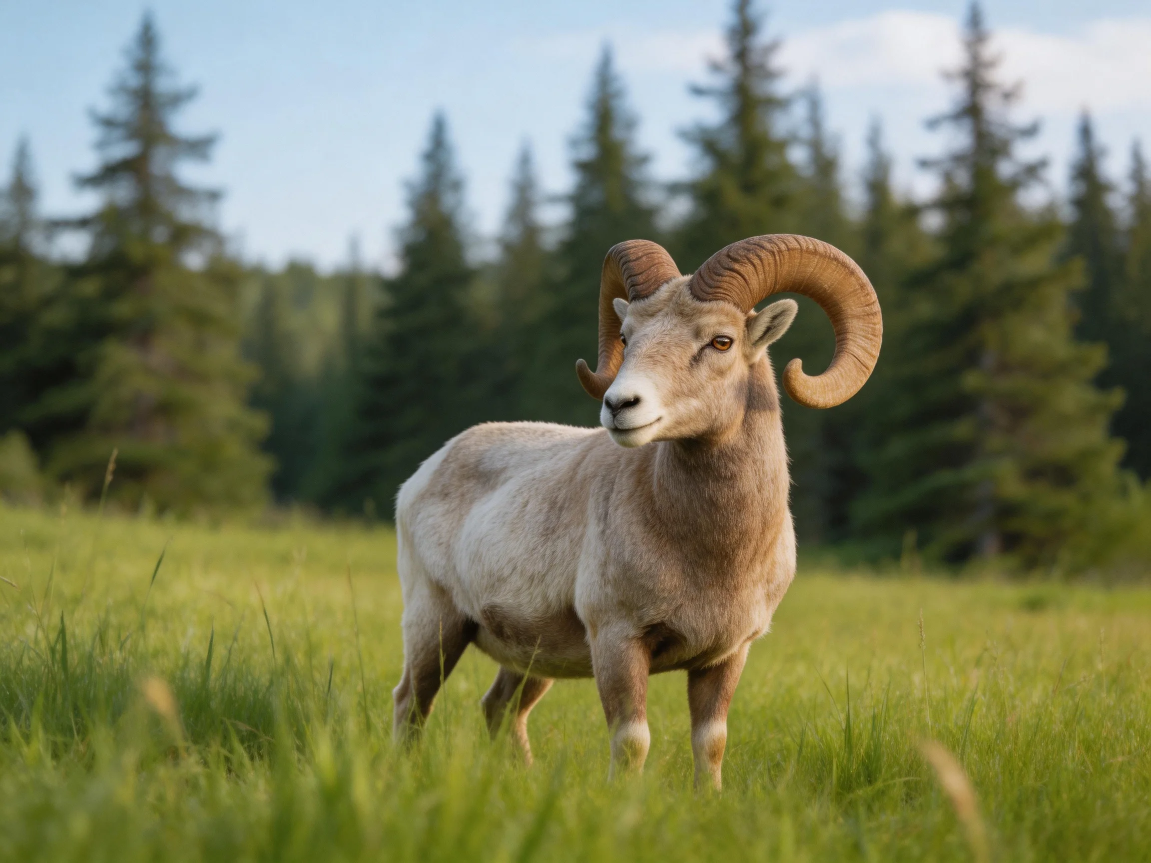 A large horned ram stands in lush green meadow near pine forest