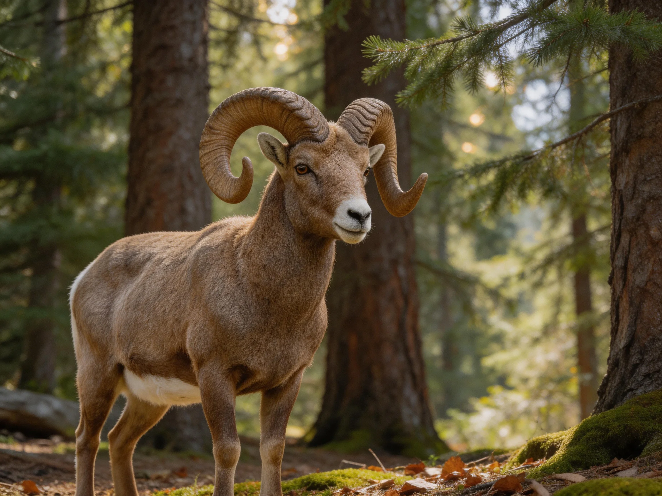 A large horned ram with curved horns in a sun-dappled forest