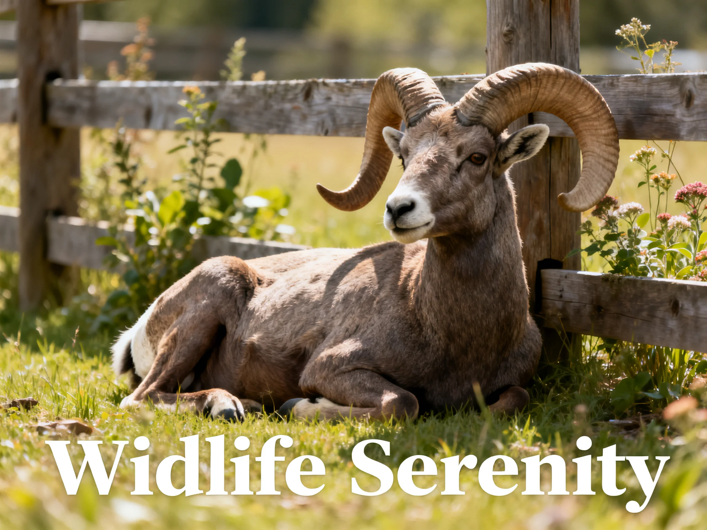 A large horned sheep rests near a weathered wooden fence in a grassy meadow