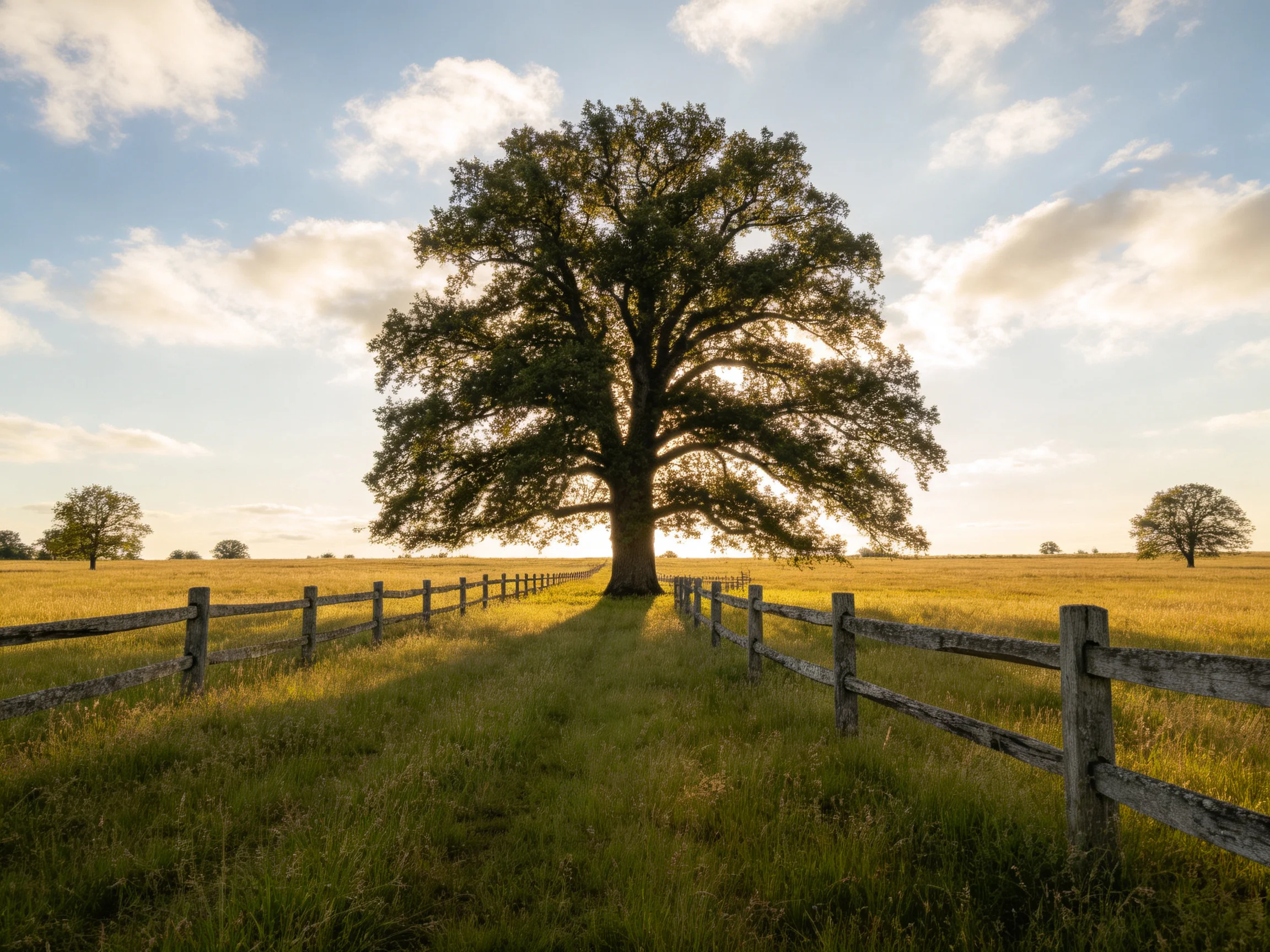 A large oak tree centered in a golden field with wooden fences