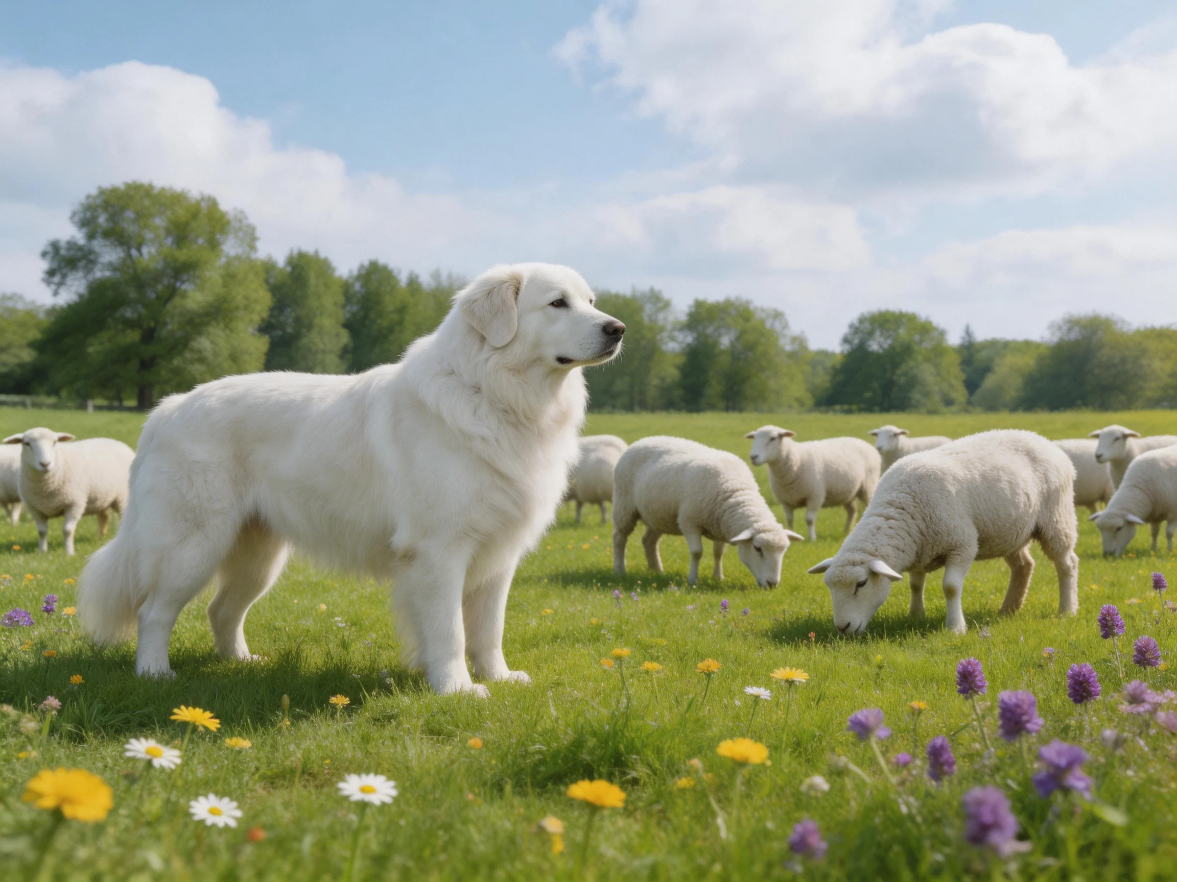 A large white dog oversees grazing sheep in a sunny, flowered field
