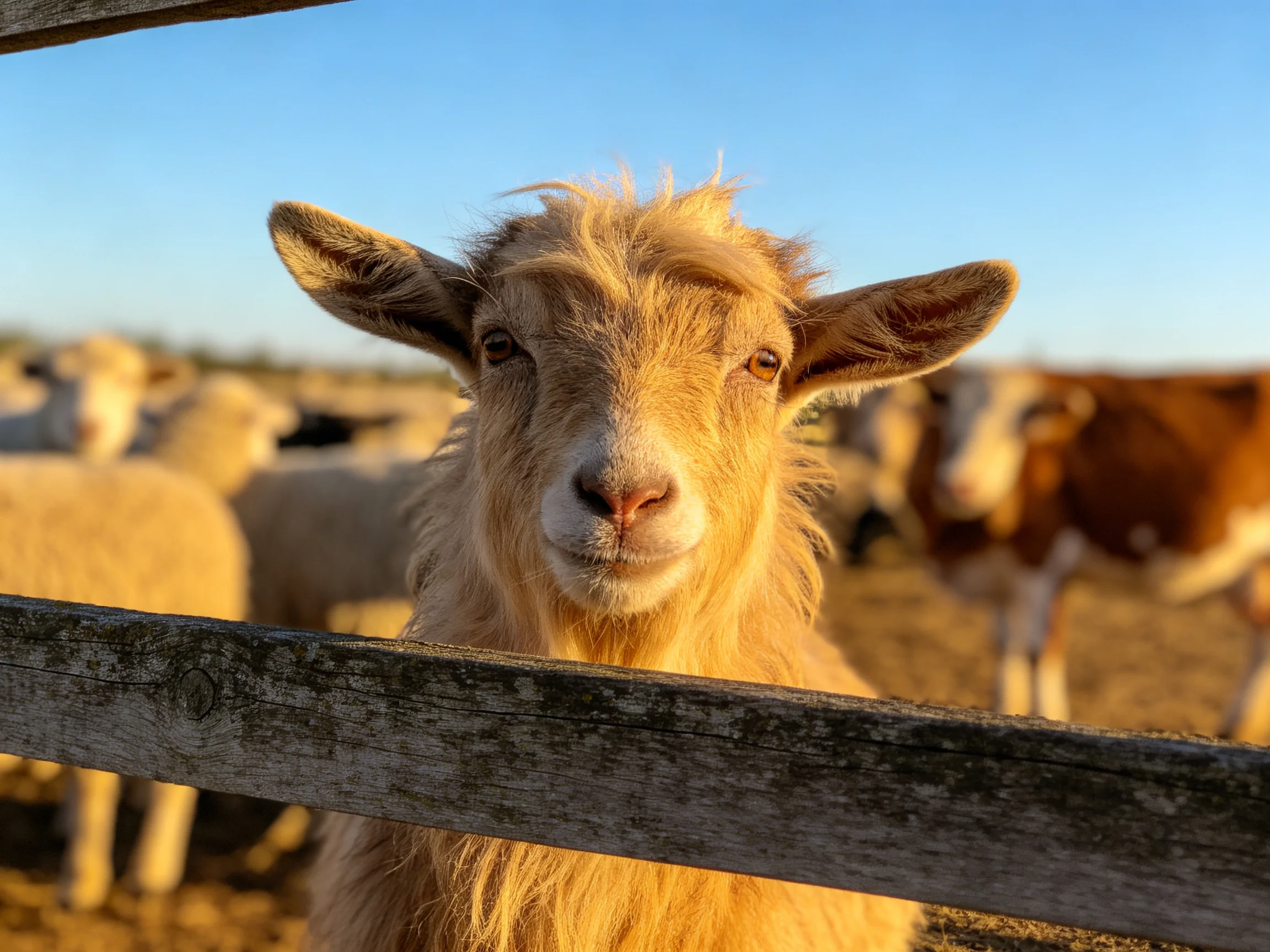 A light - brown goat peeks from behind a weathered wooden fence with sheep and cows nearby