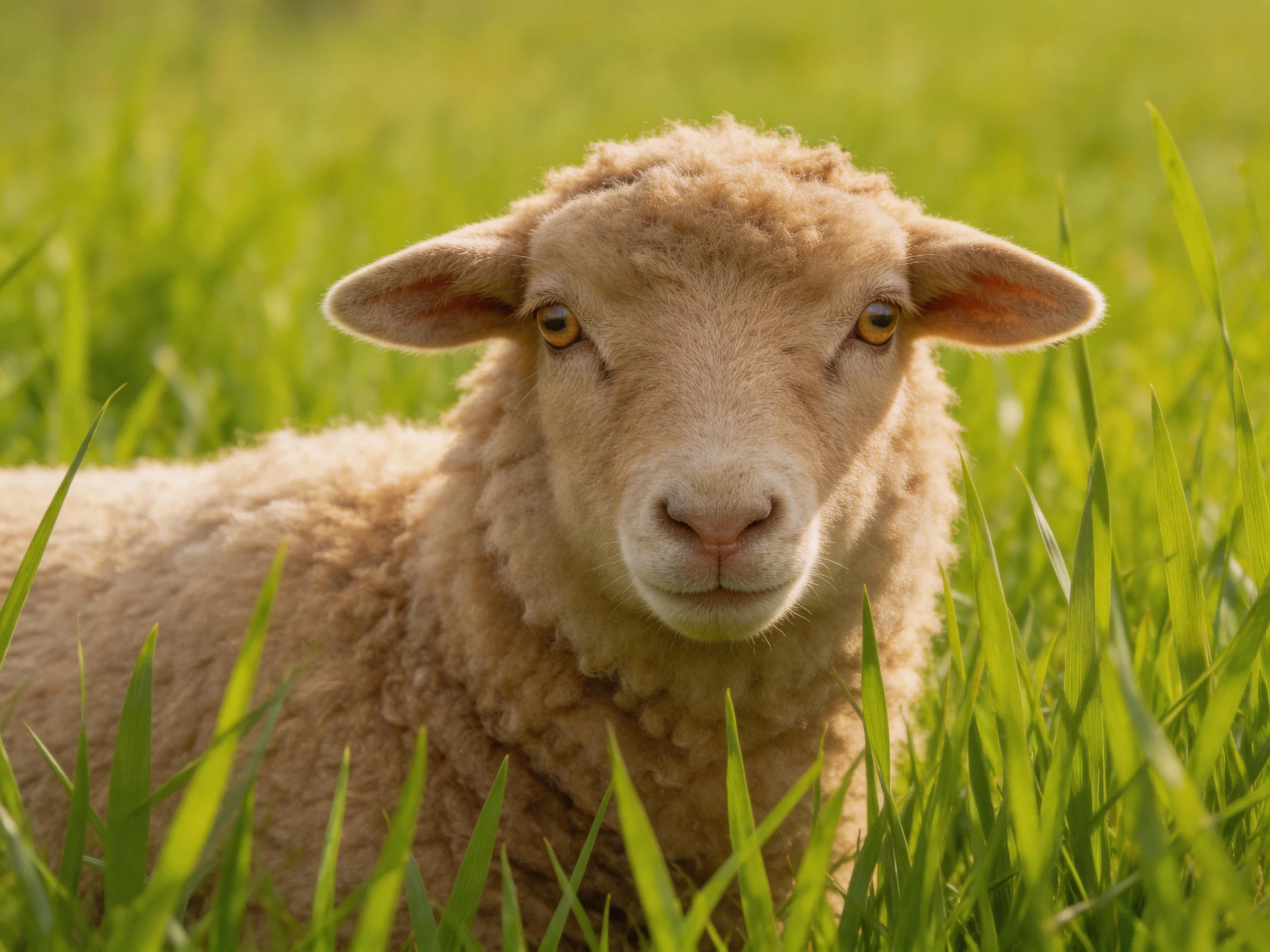 A light brown lamb rests in lush green grass under warm sunlight