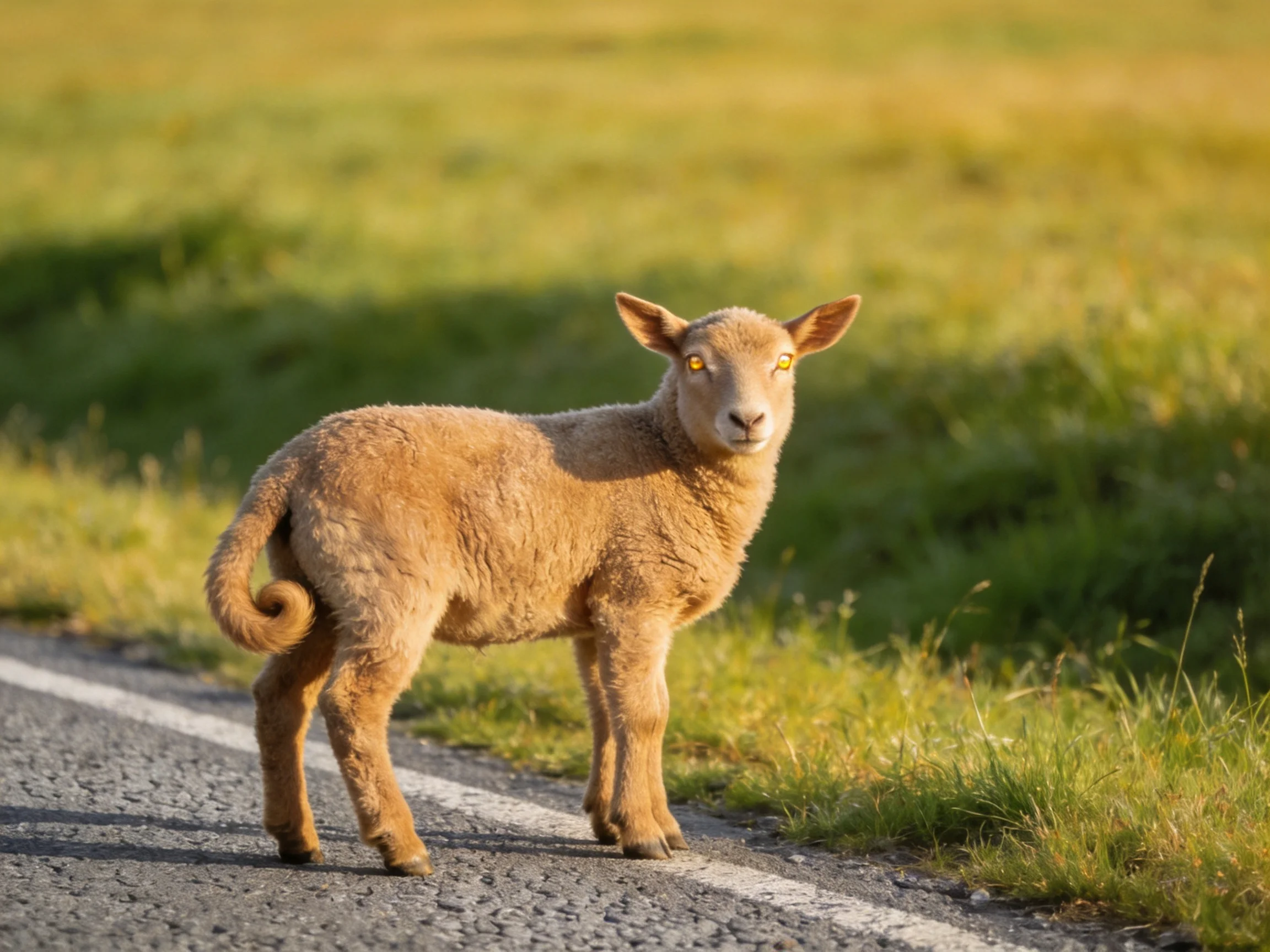 A light brown lamb stands on a paved road near lush green fields