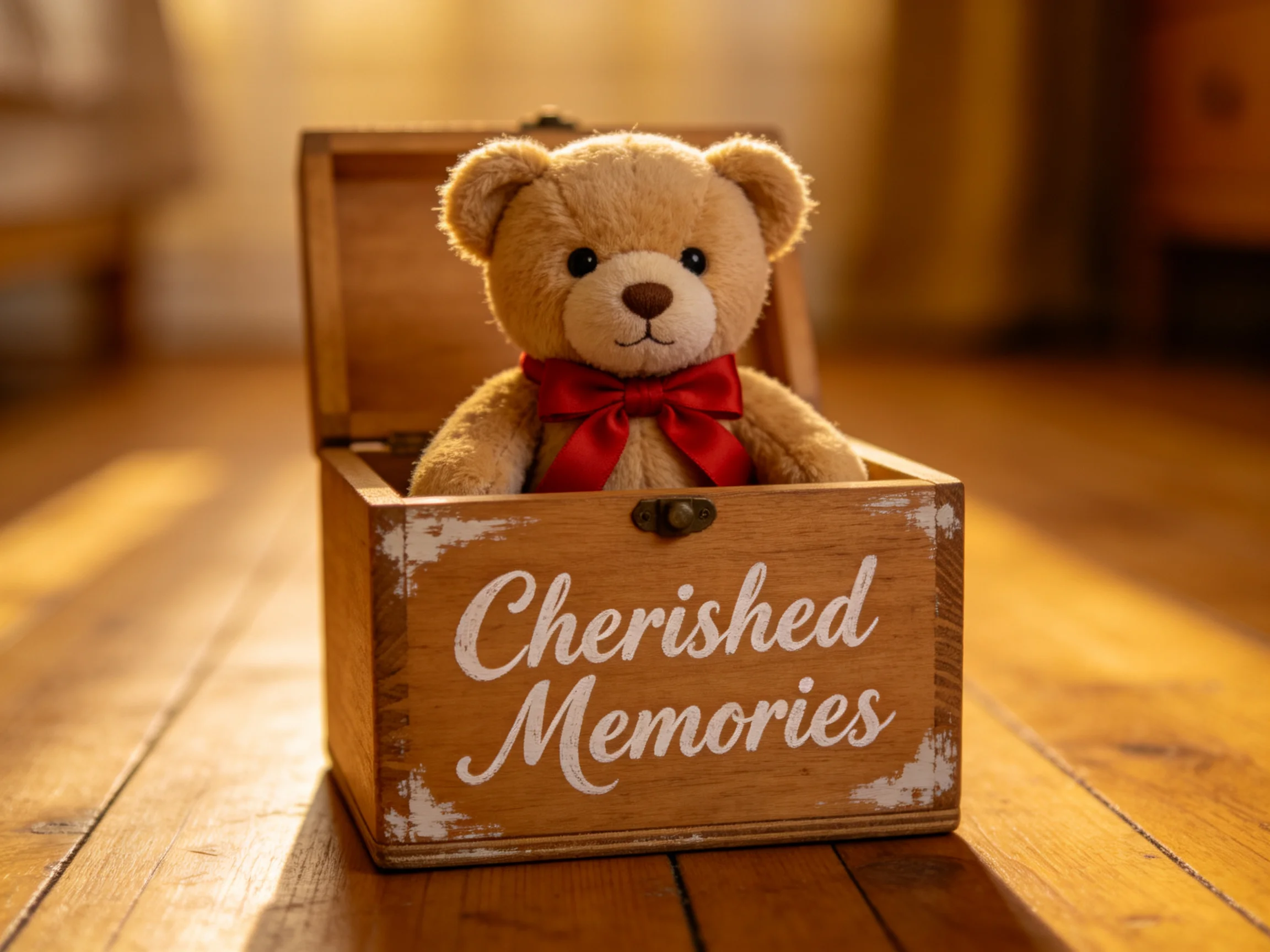 A light brown teddy bear in a wooden Cherished Memories box