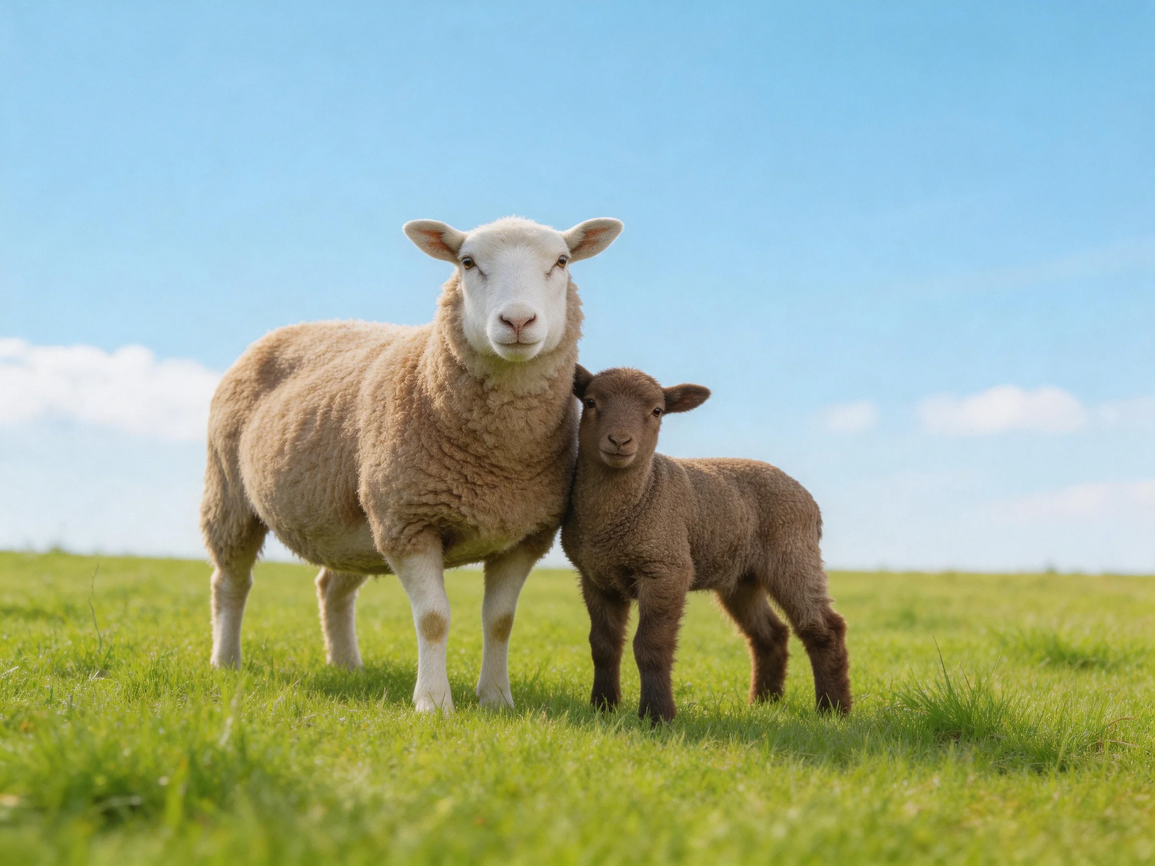 A light - colored adult sheep and dark brown lamb stand in a green meadow under blue sky