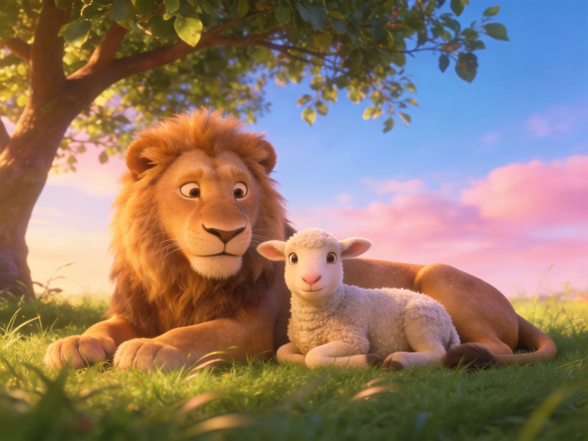 A lion and lamb rest together under a leafy tree with a pink-tinted sky