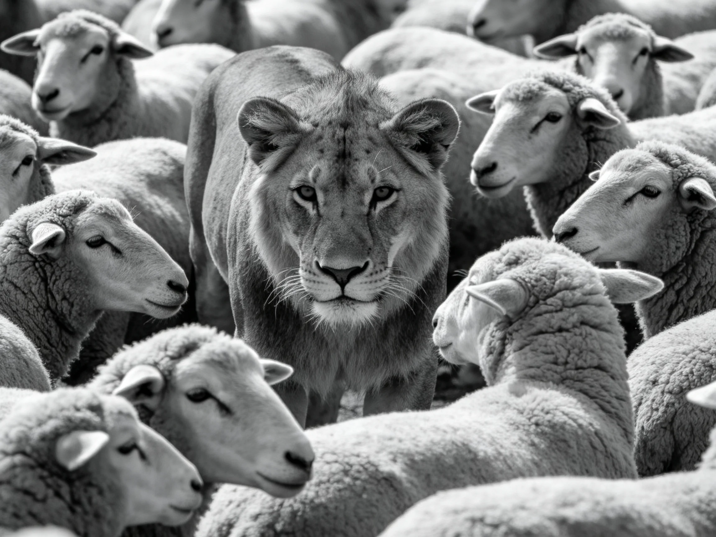 A lioness stands amid a large flock of sheep in dramatic black and white photography