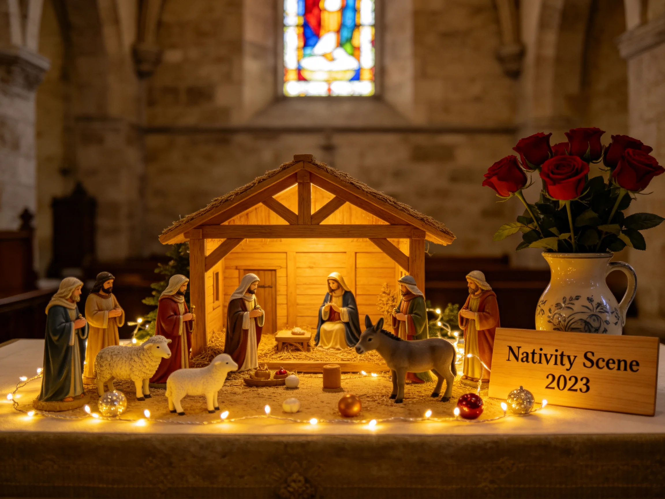 A lit nativity scene with figurines, red roses, and stained glass backdrop