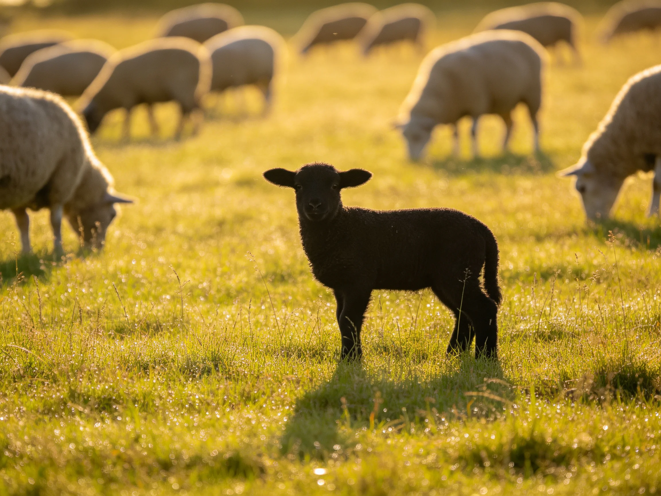 A lone black lamb stands among white sheep in a sunlit meadow