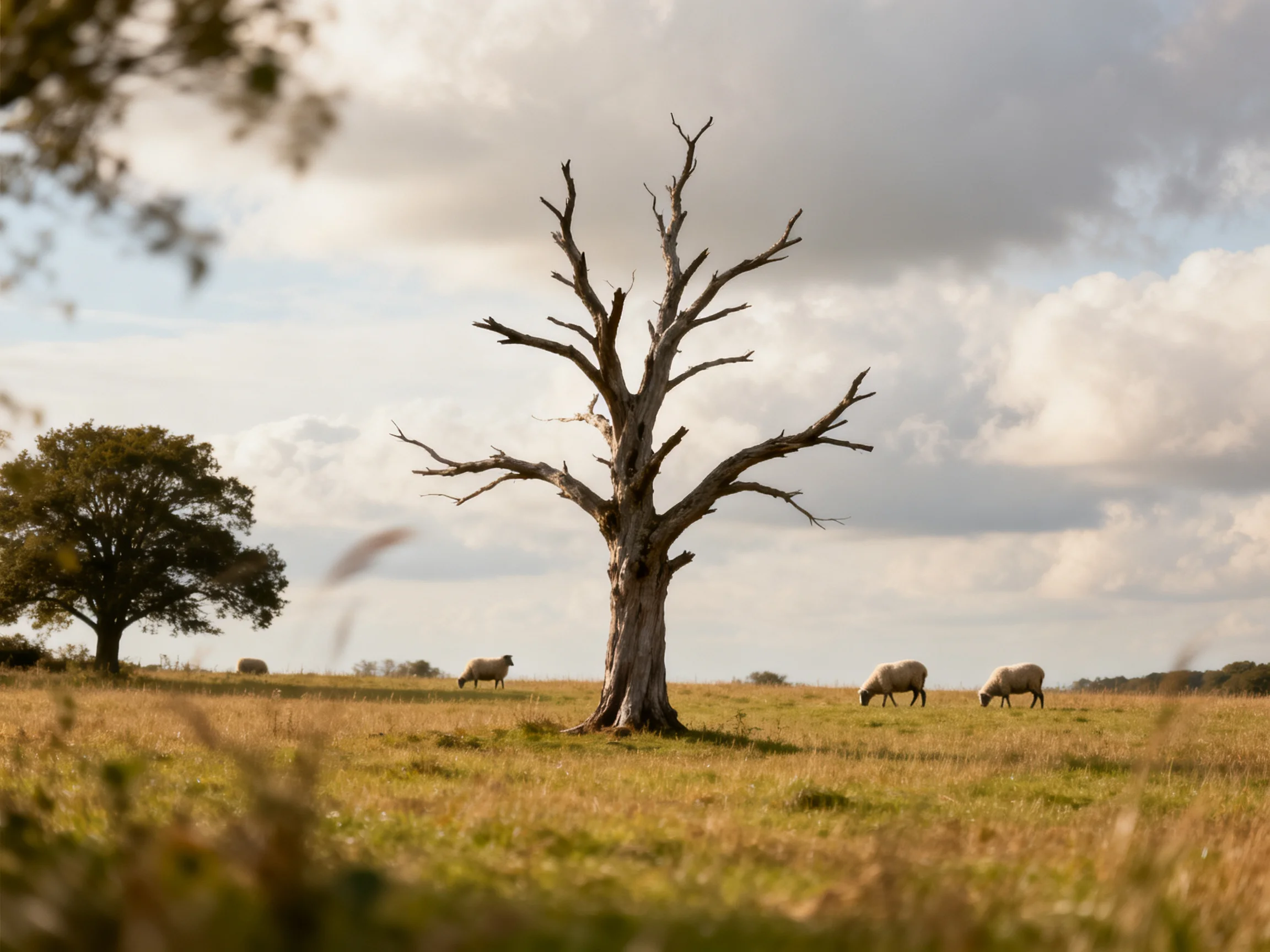 A lone dead tree stands in a golden field with grazing sheep