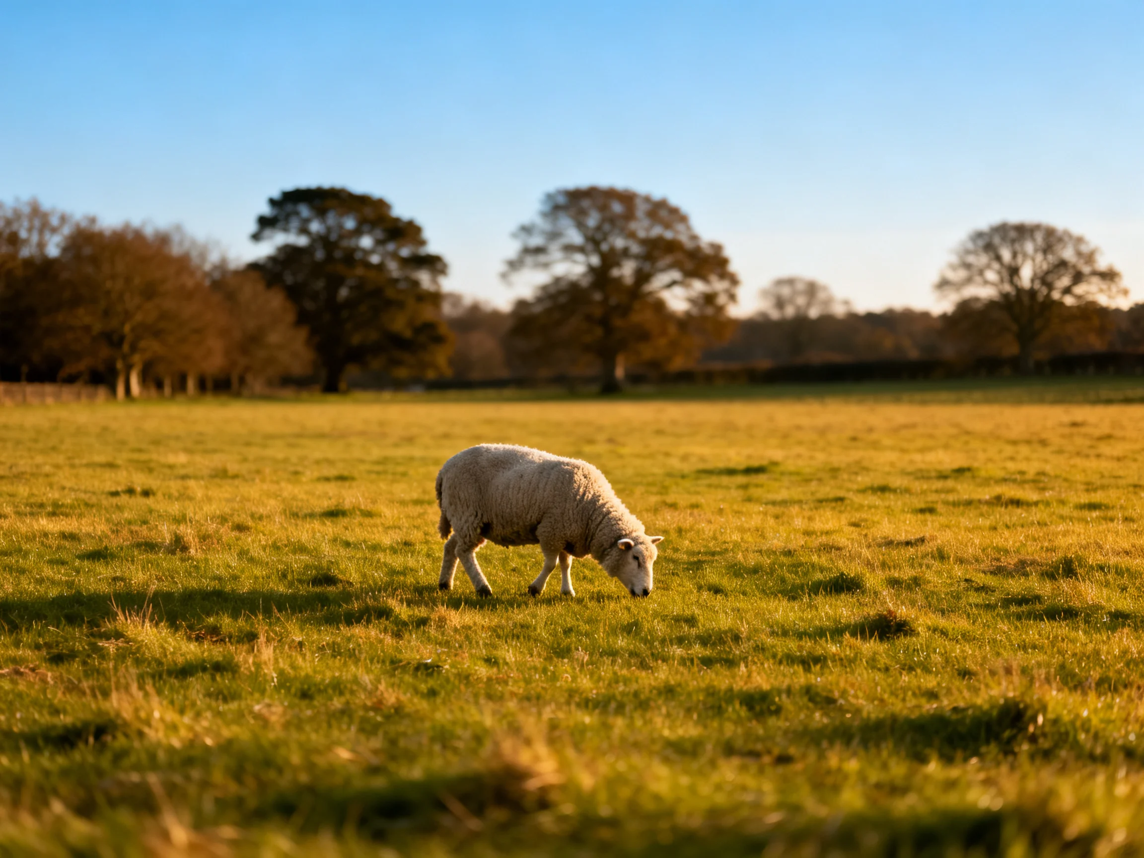 A lone sheep grazes in a sunlit green and gold pasture with distant trees.