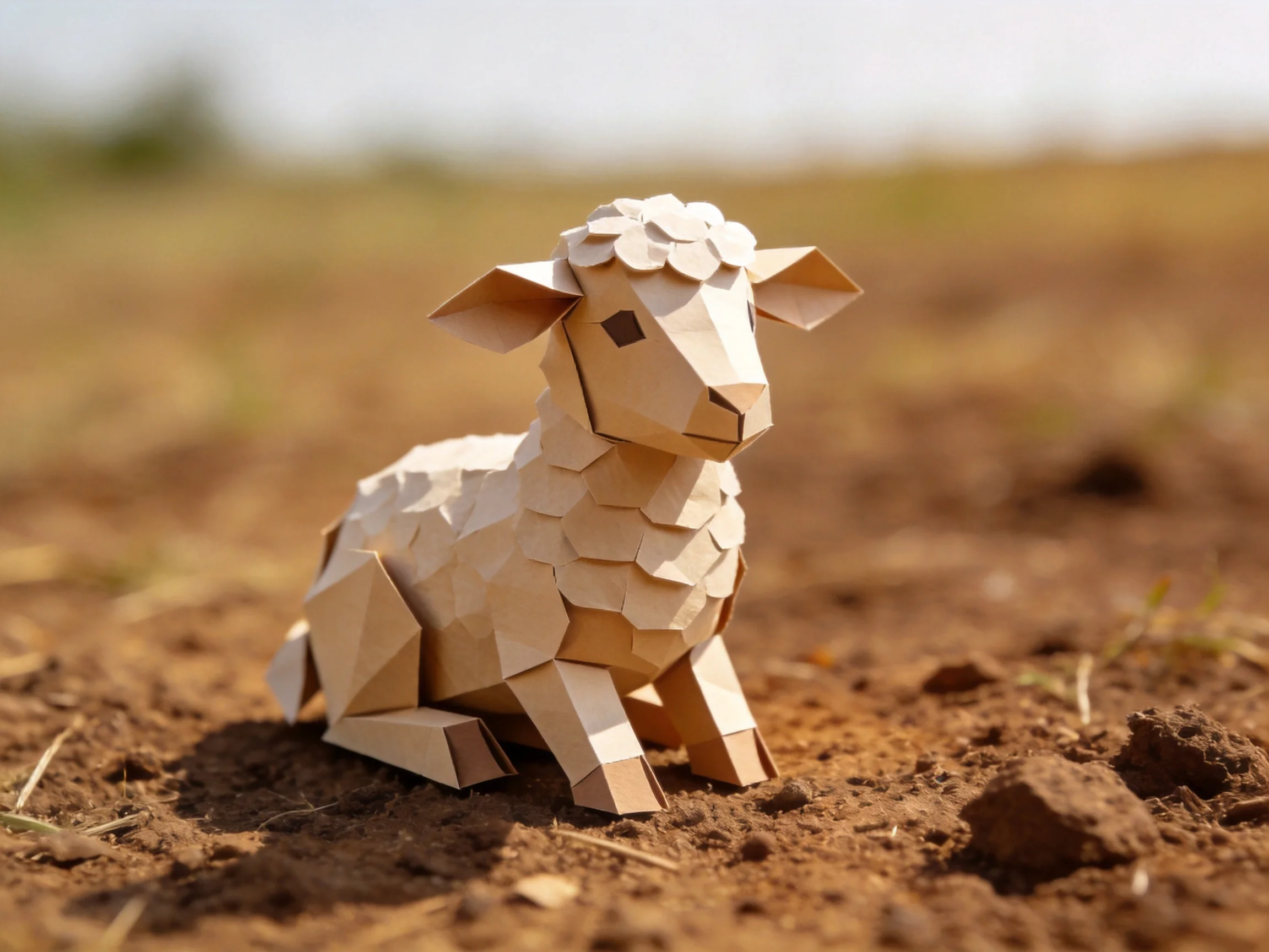 A low - poly paper sheep resting on brown soil in an open field
