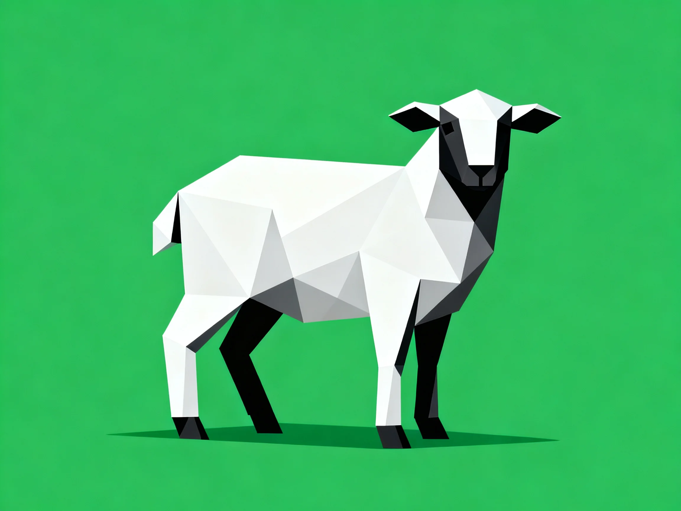 A low - poly white and black sheep on a solid green background