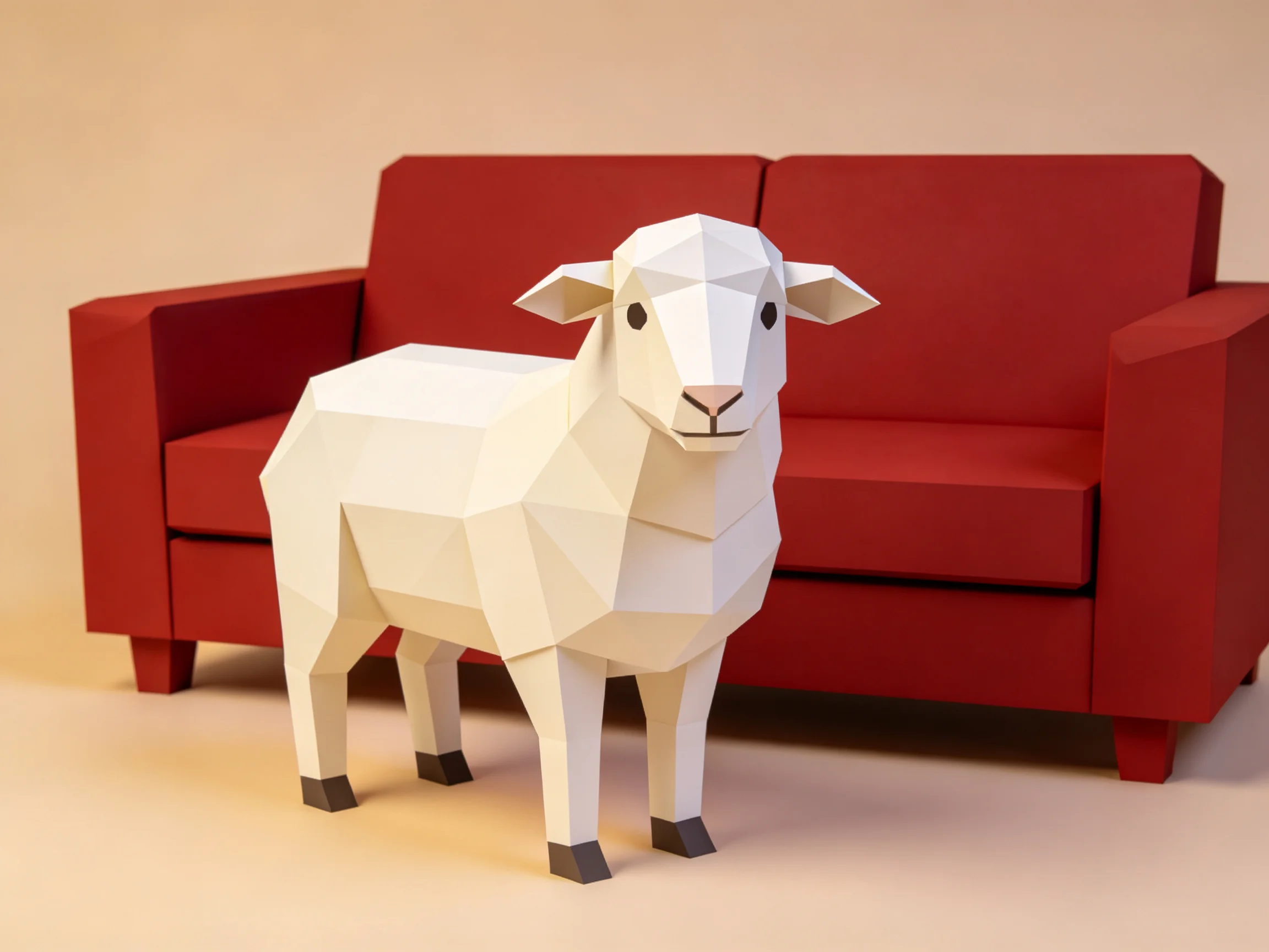 A low-poly white sheep figurine beside a bright red couch