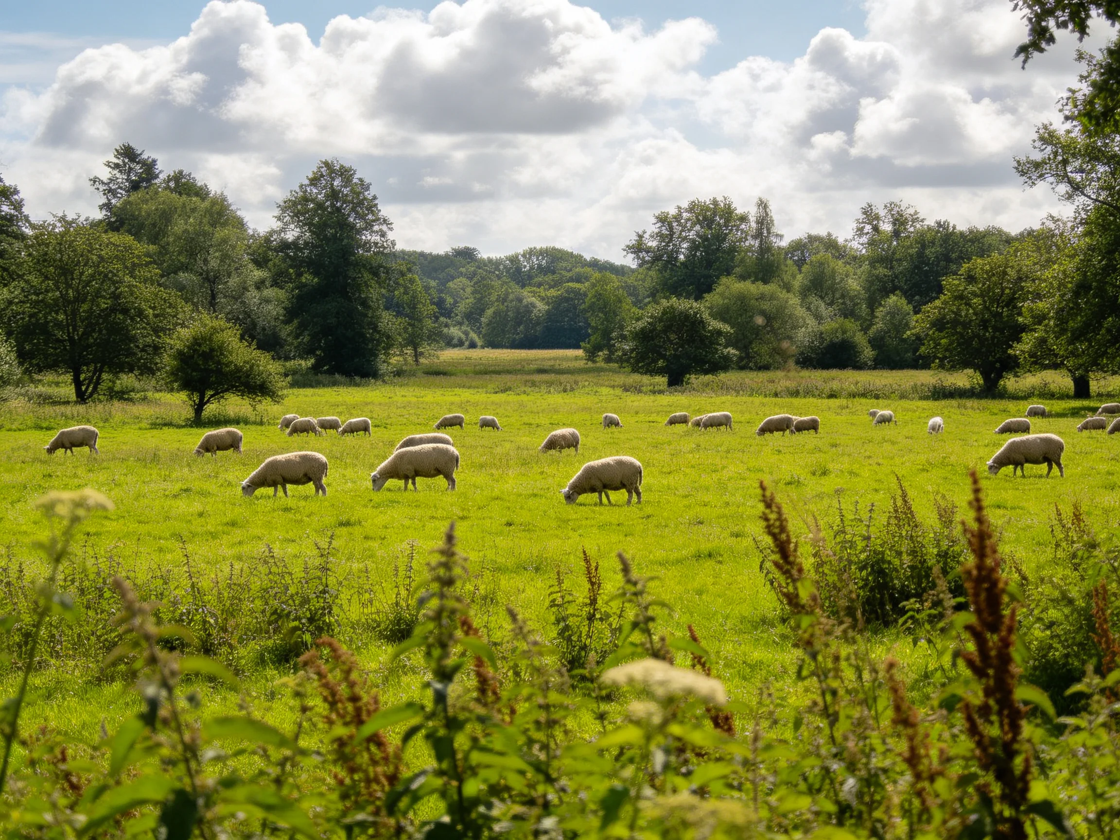 A lush green meadow with many grazing sheep and trees