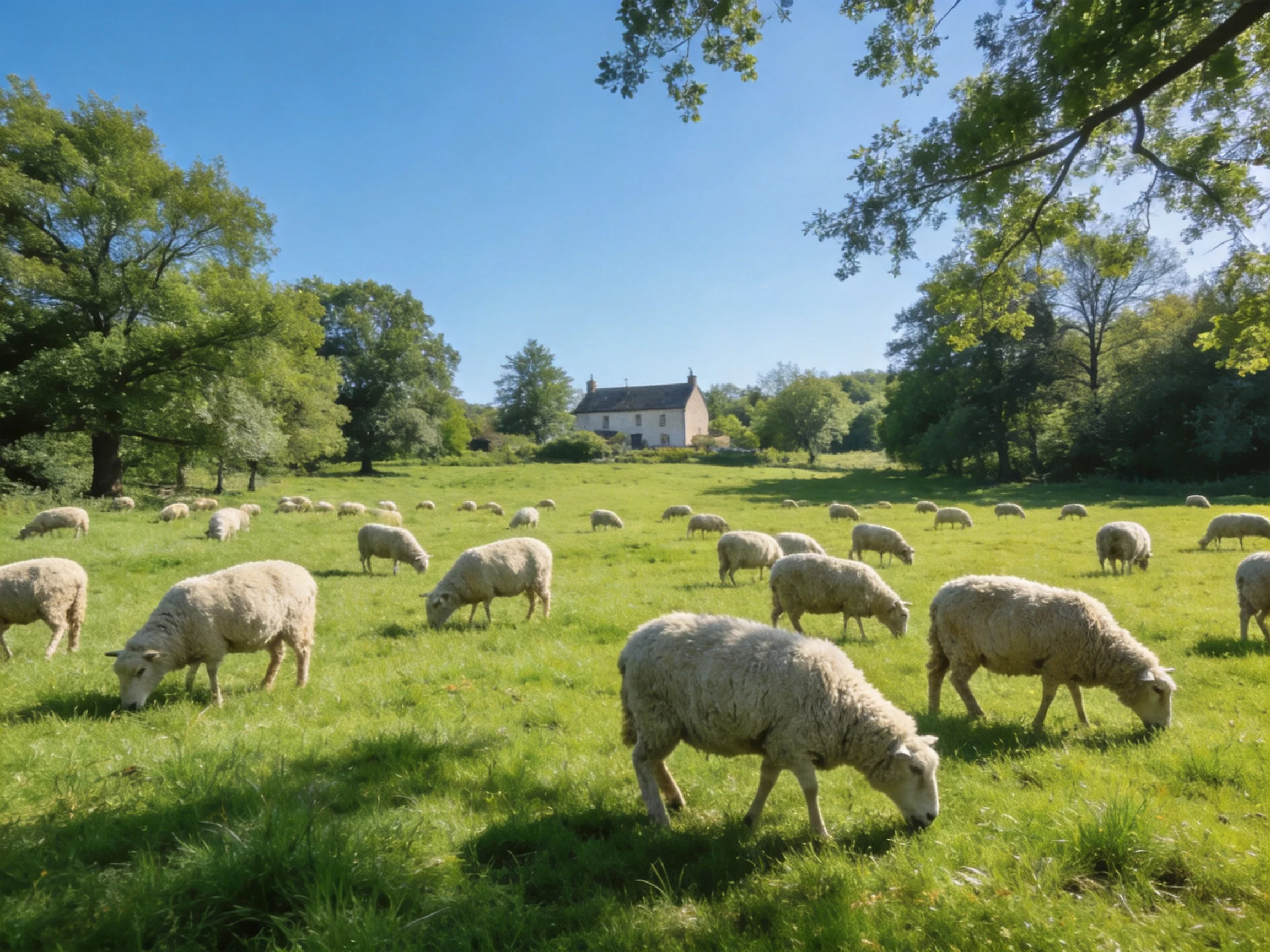 A lush green pasture with many sheep grazing near a white farmhouse