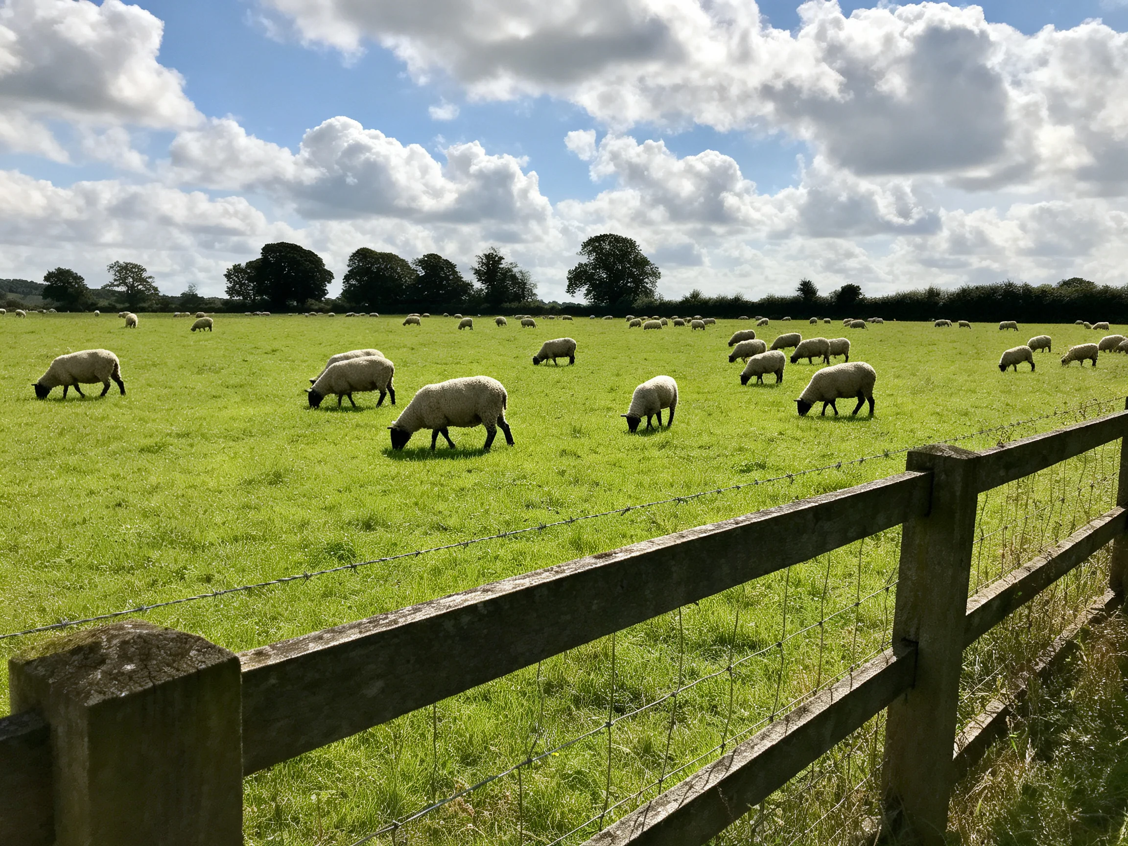 A lush green pasture with numerous sheep grazing near a wooden fence