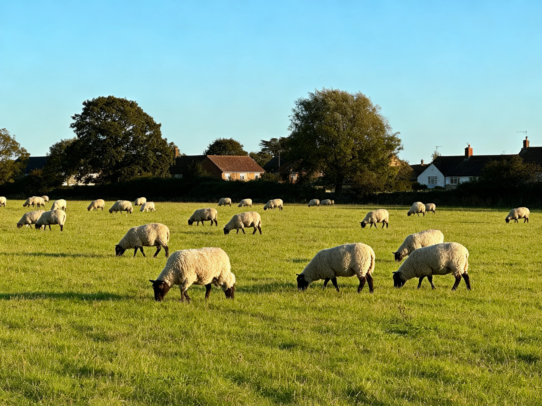 A lush green pasture with numerous sheep grazing under bright blue skies