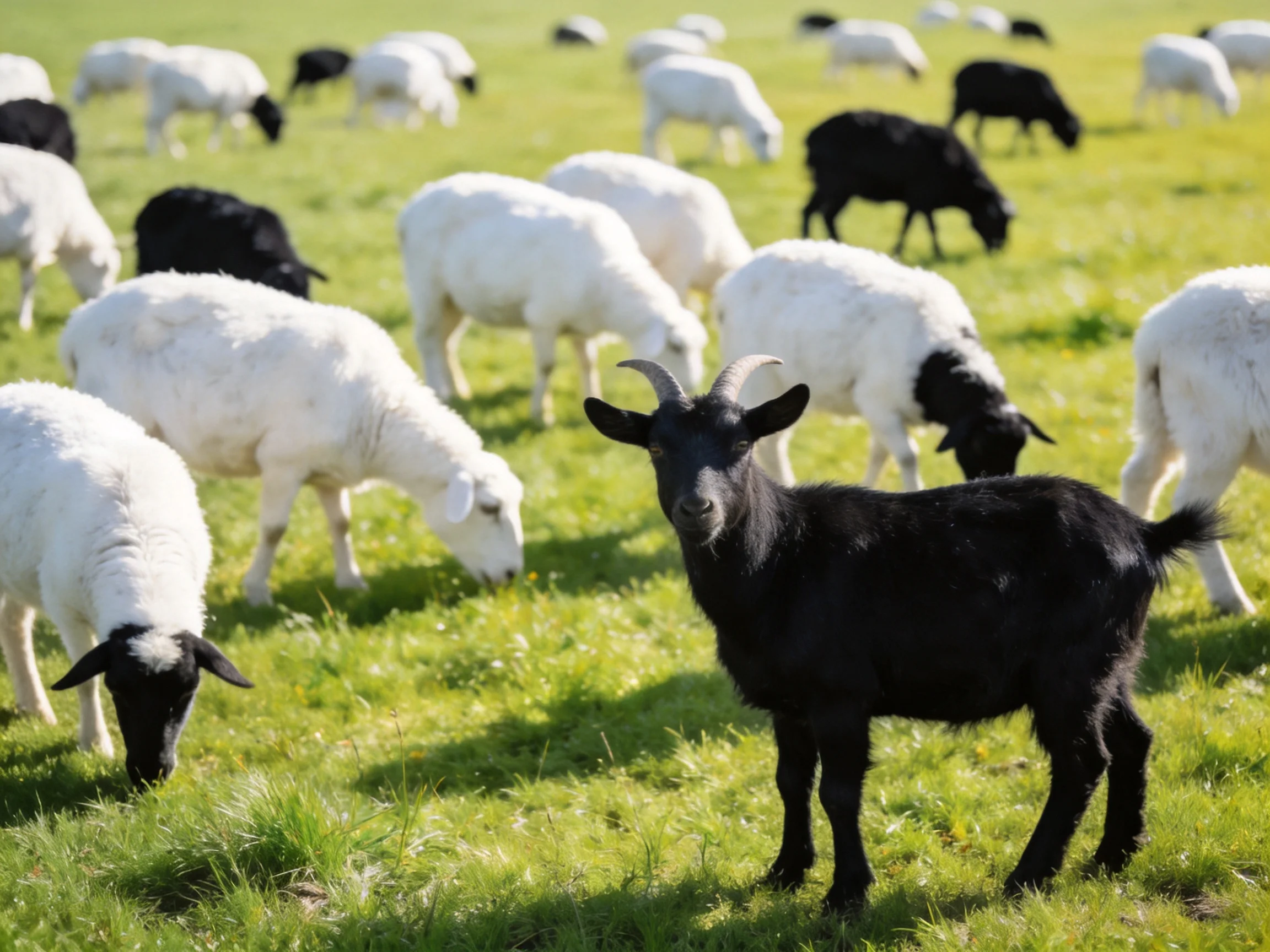 A lush green pasture with white and black goats, one black horned goat prominent