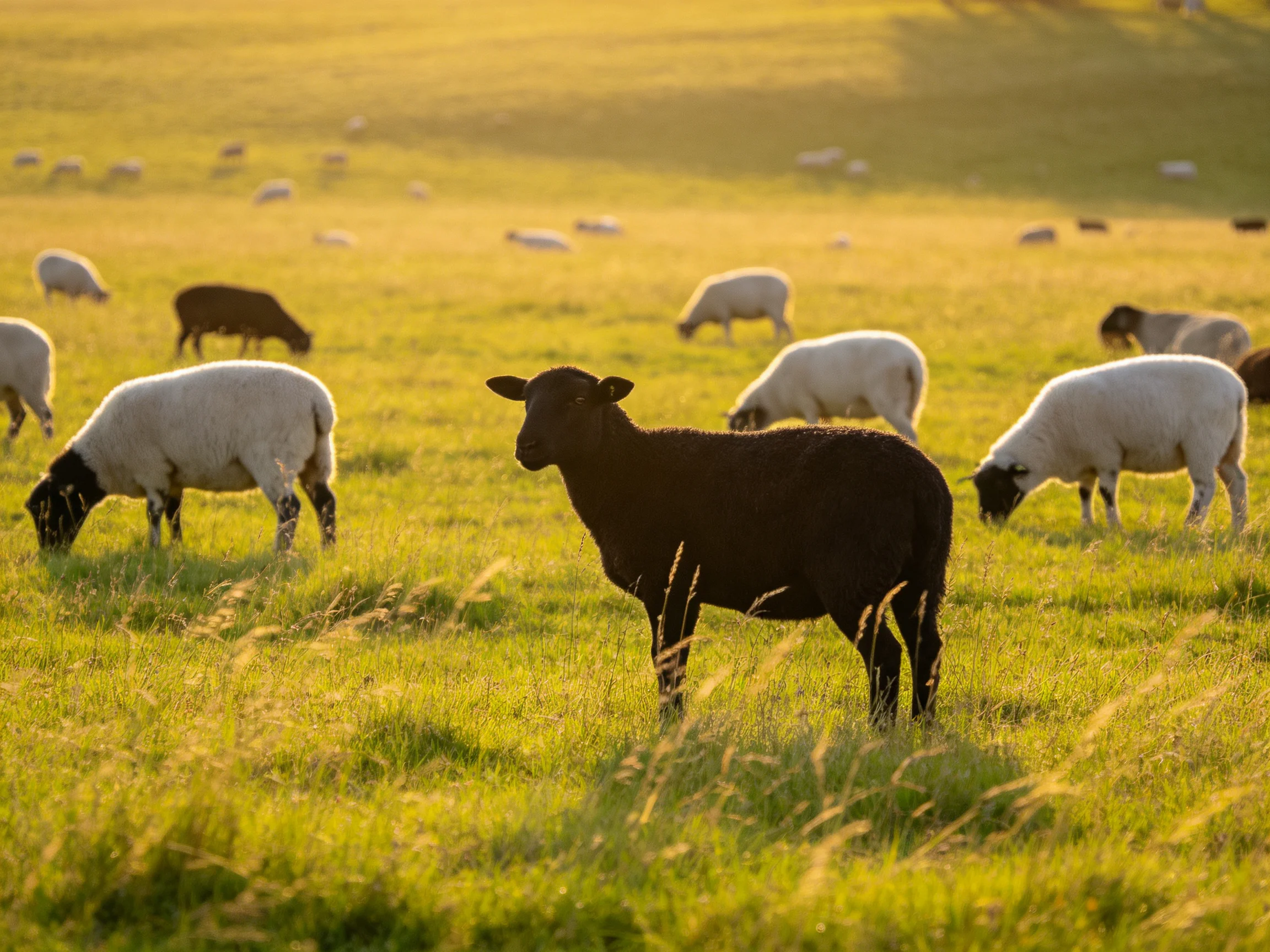 A lush meadow with black and white sheep grazing under golden sunlight
