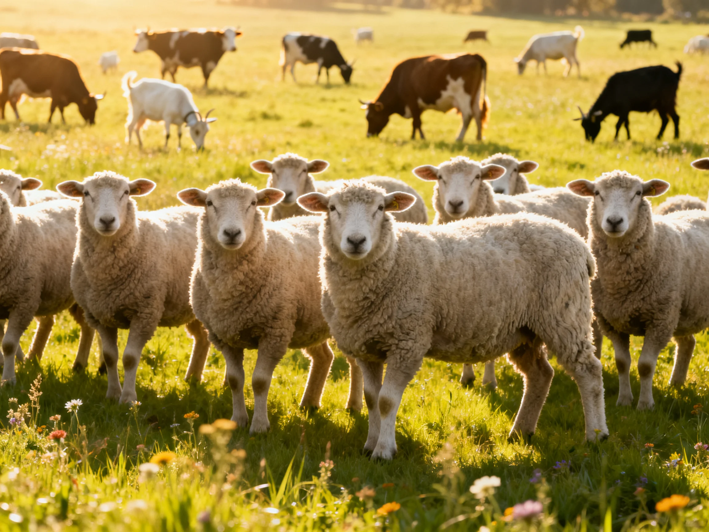 A lush pasture with sheep, cows, and goats under golden sunlight