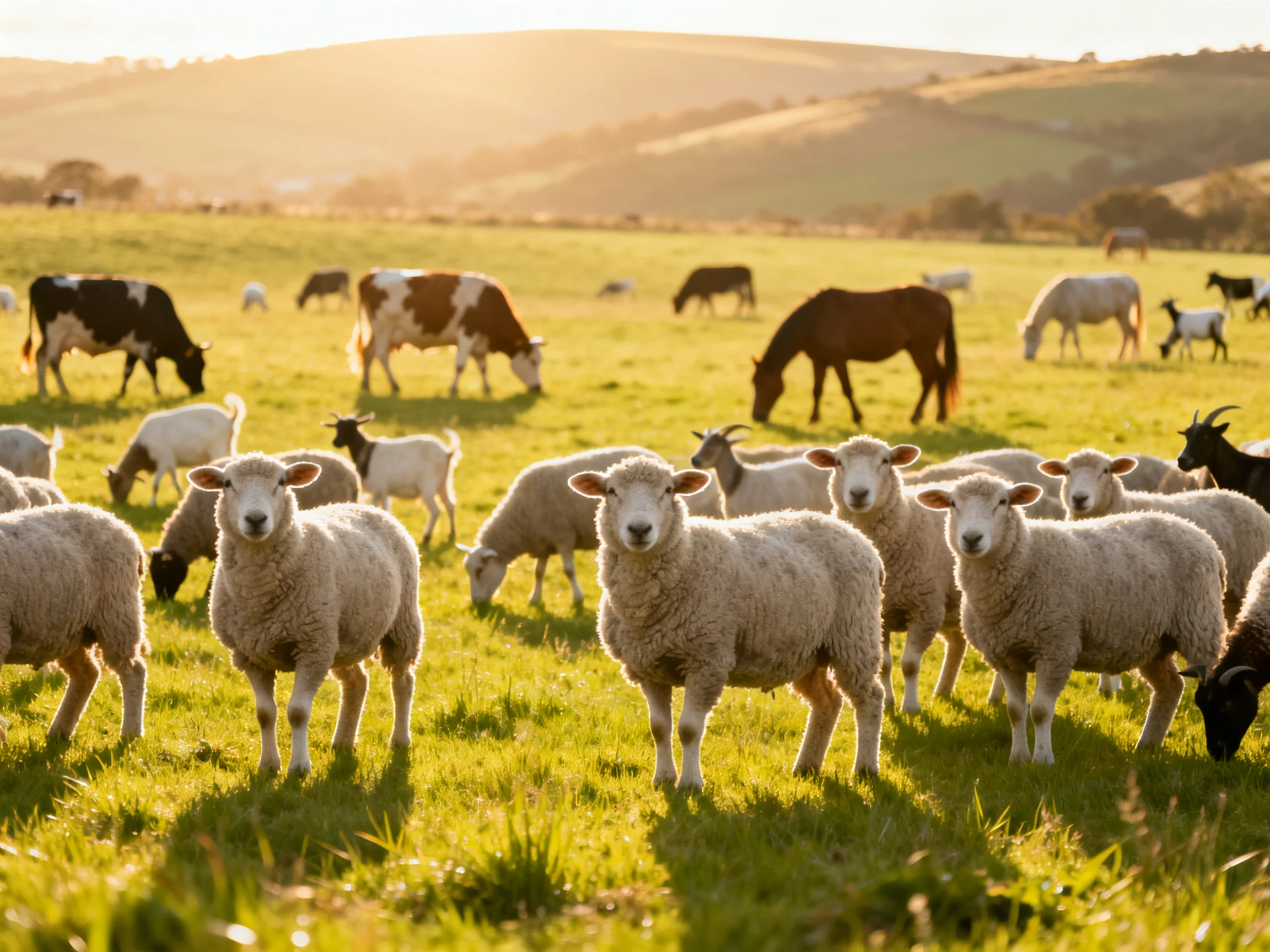 A lush pasture with sheep, cows, and horses under golden sunlight