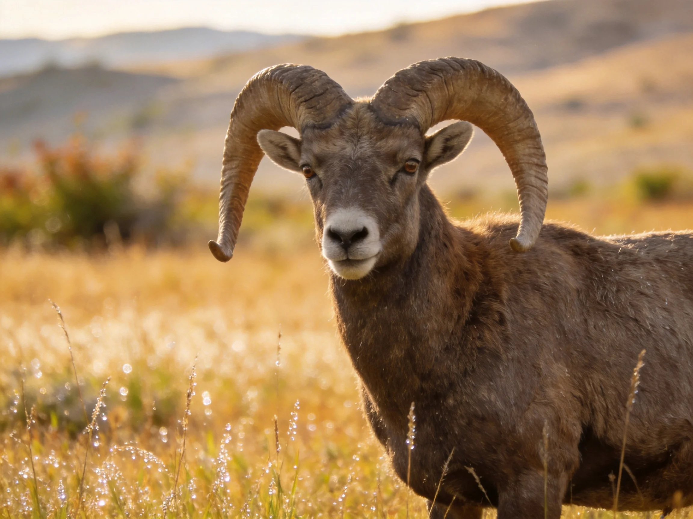 A majestic bighorn ram with curved horns in a golden grassland