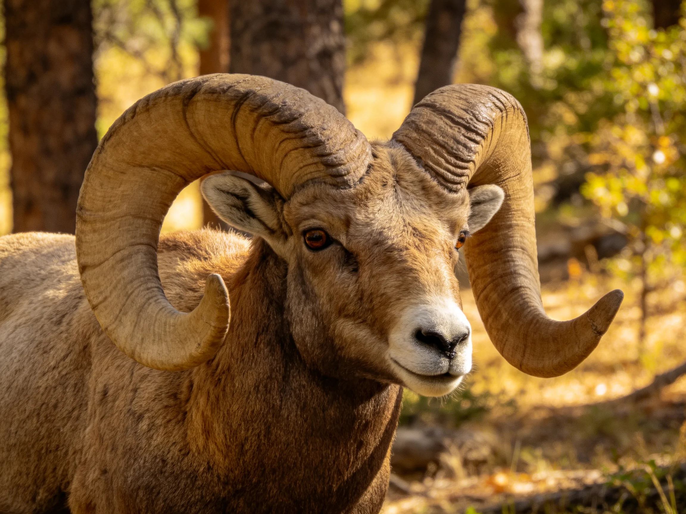 A majestic bighorn ram with large curved brown horns