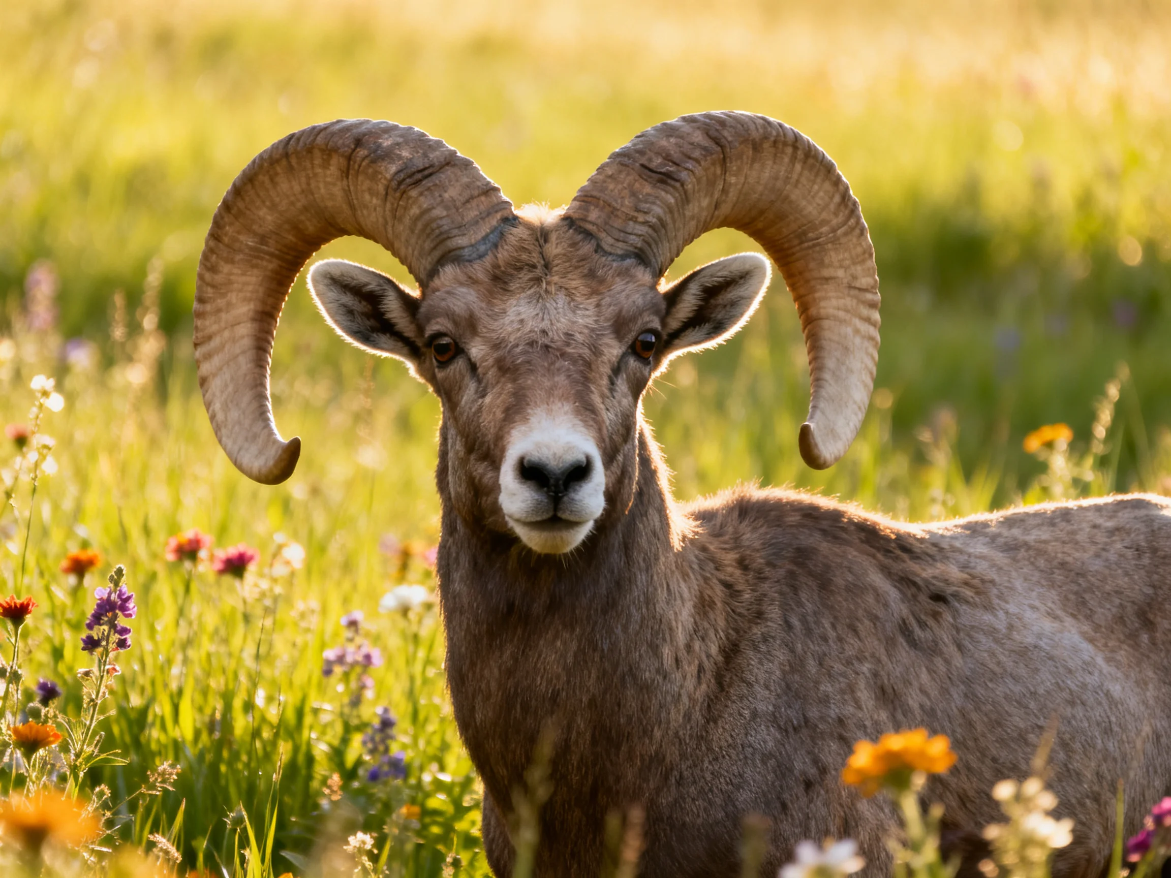 A majestic bighorn sheep with curved horns in a flower-filled meadow