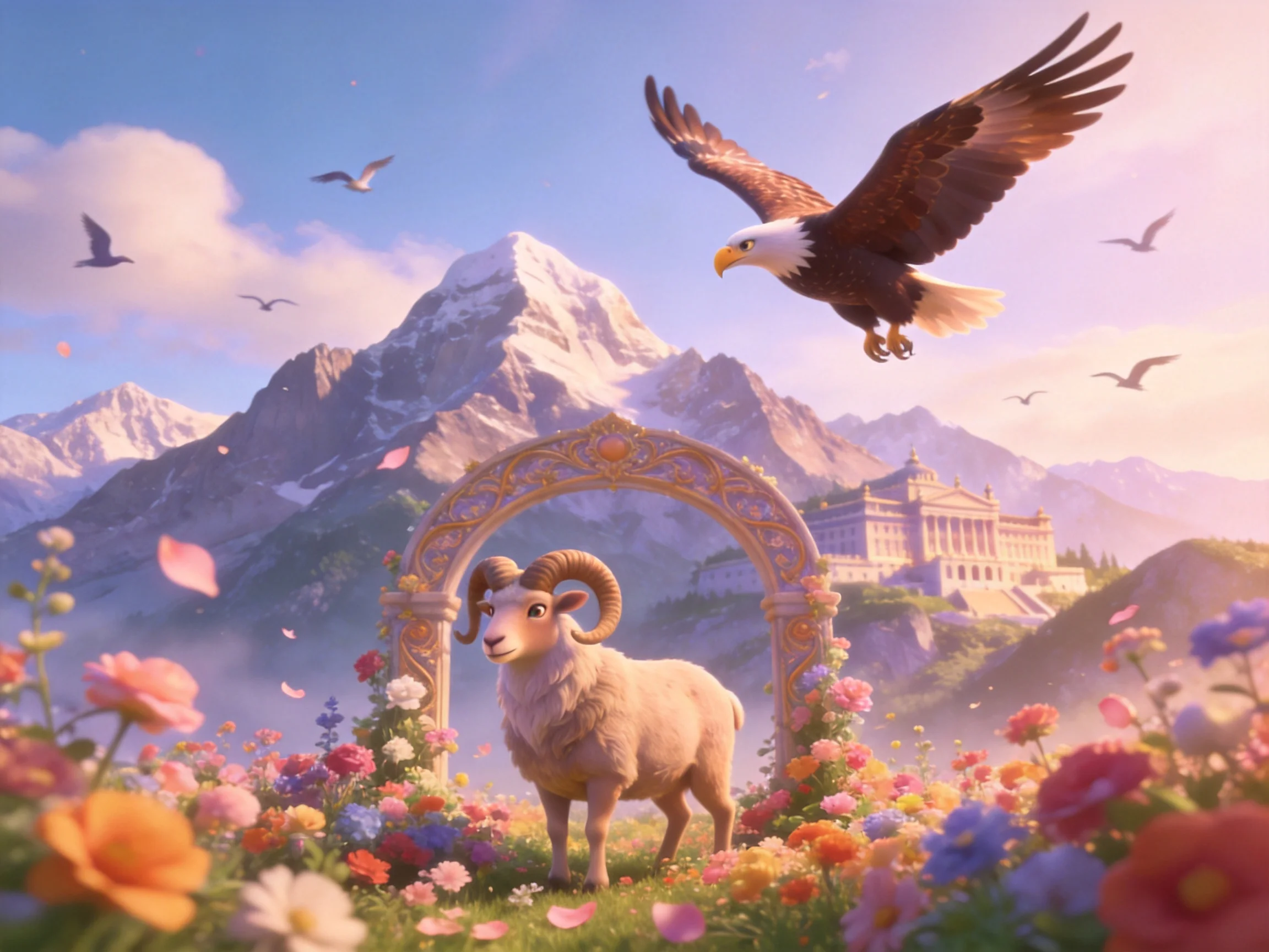 A majestic eagle soars over a floral meadow with a ram and ancient palace