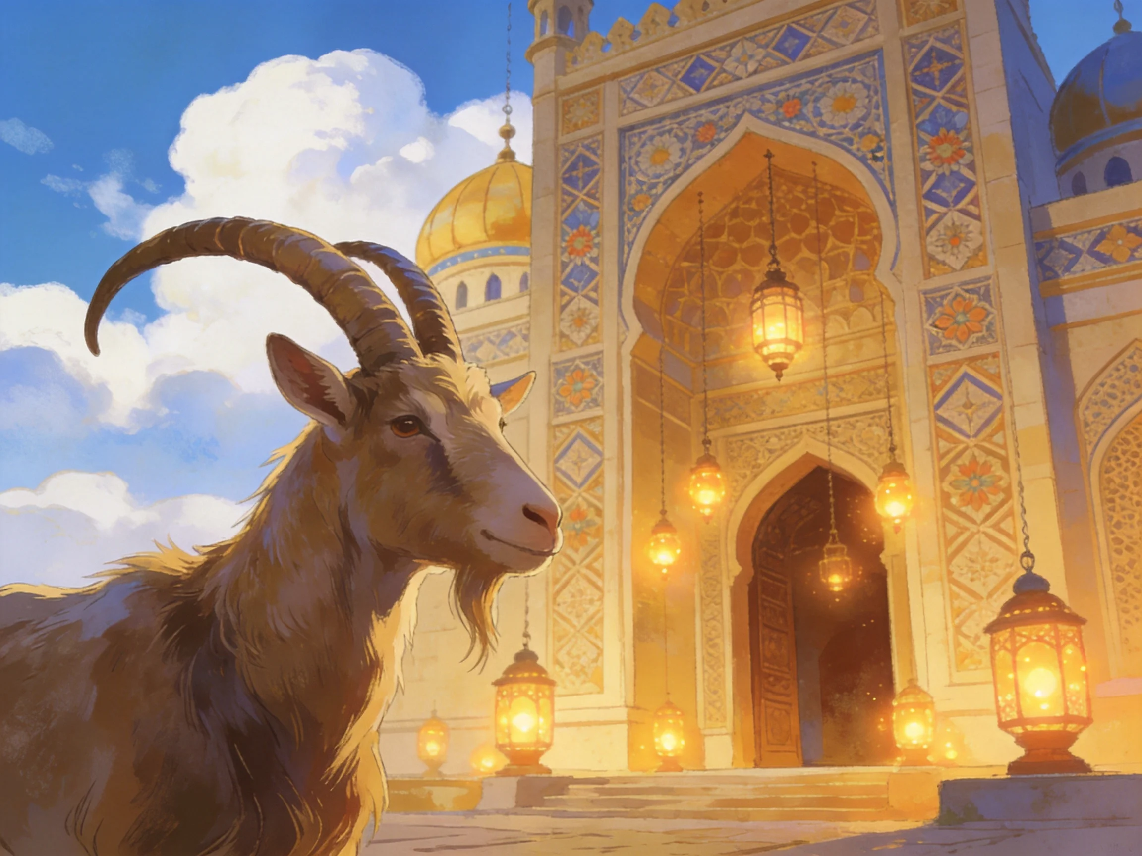 A majestic goat stands before an ornately decorated mosque with golden domes