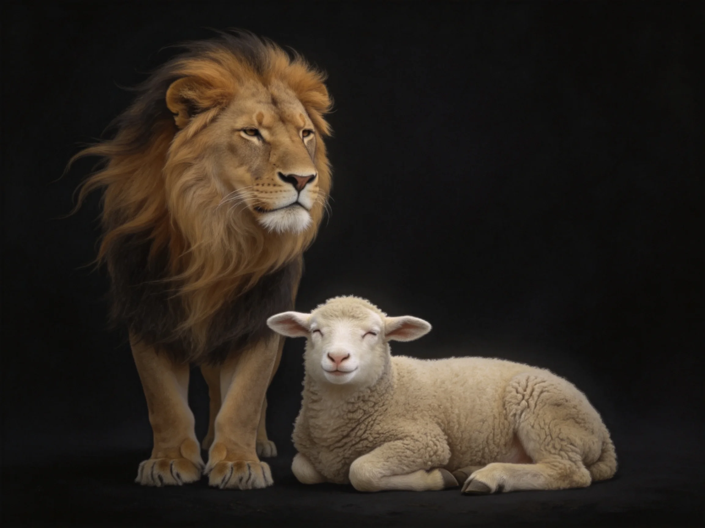 A majestic lion with a golden-brown mane stands beside a white lamb against a black backdrop