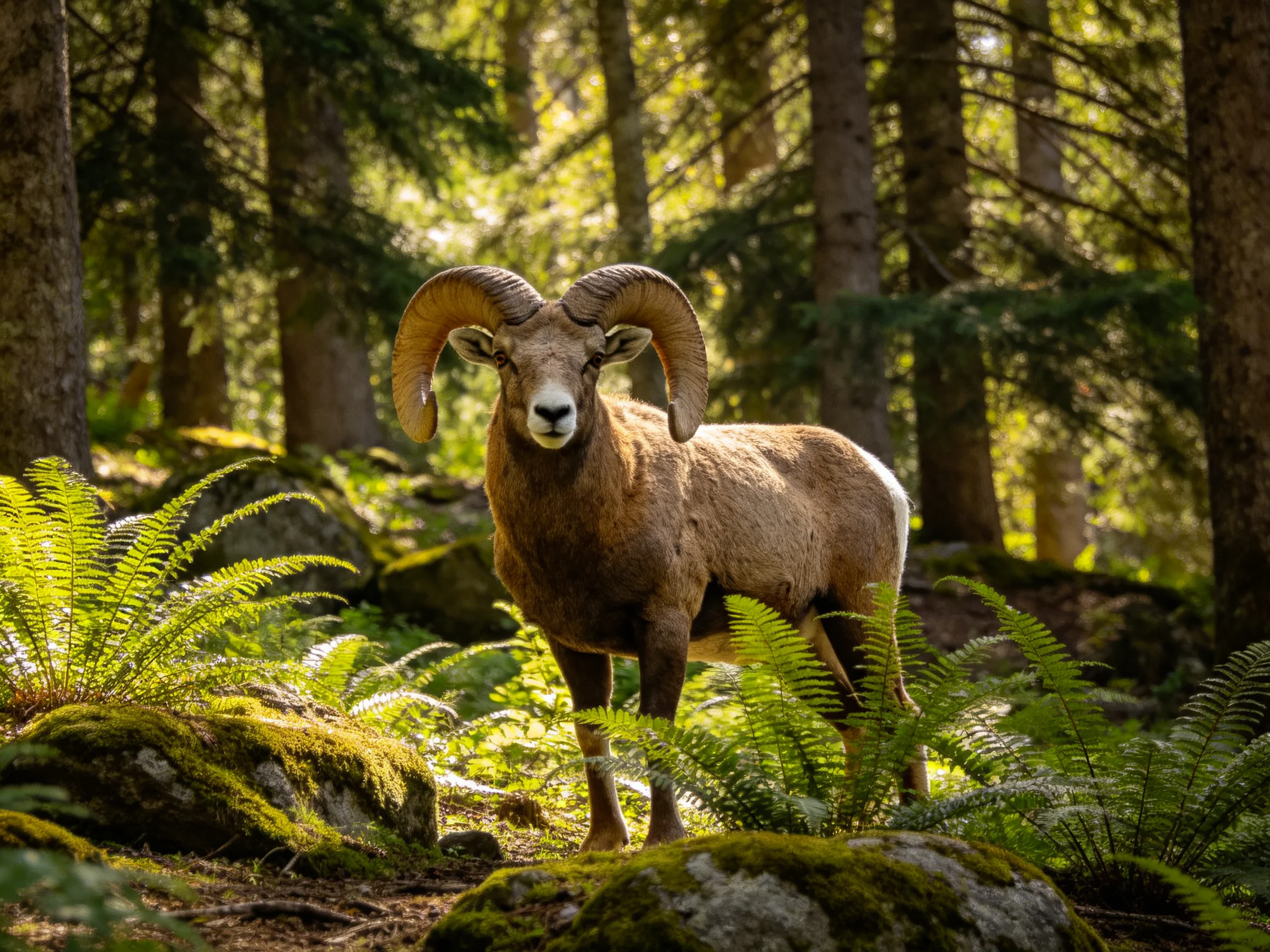 A majestic ram stands among mossy rocks and fern-filled forest