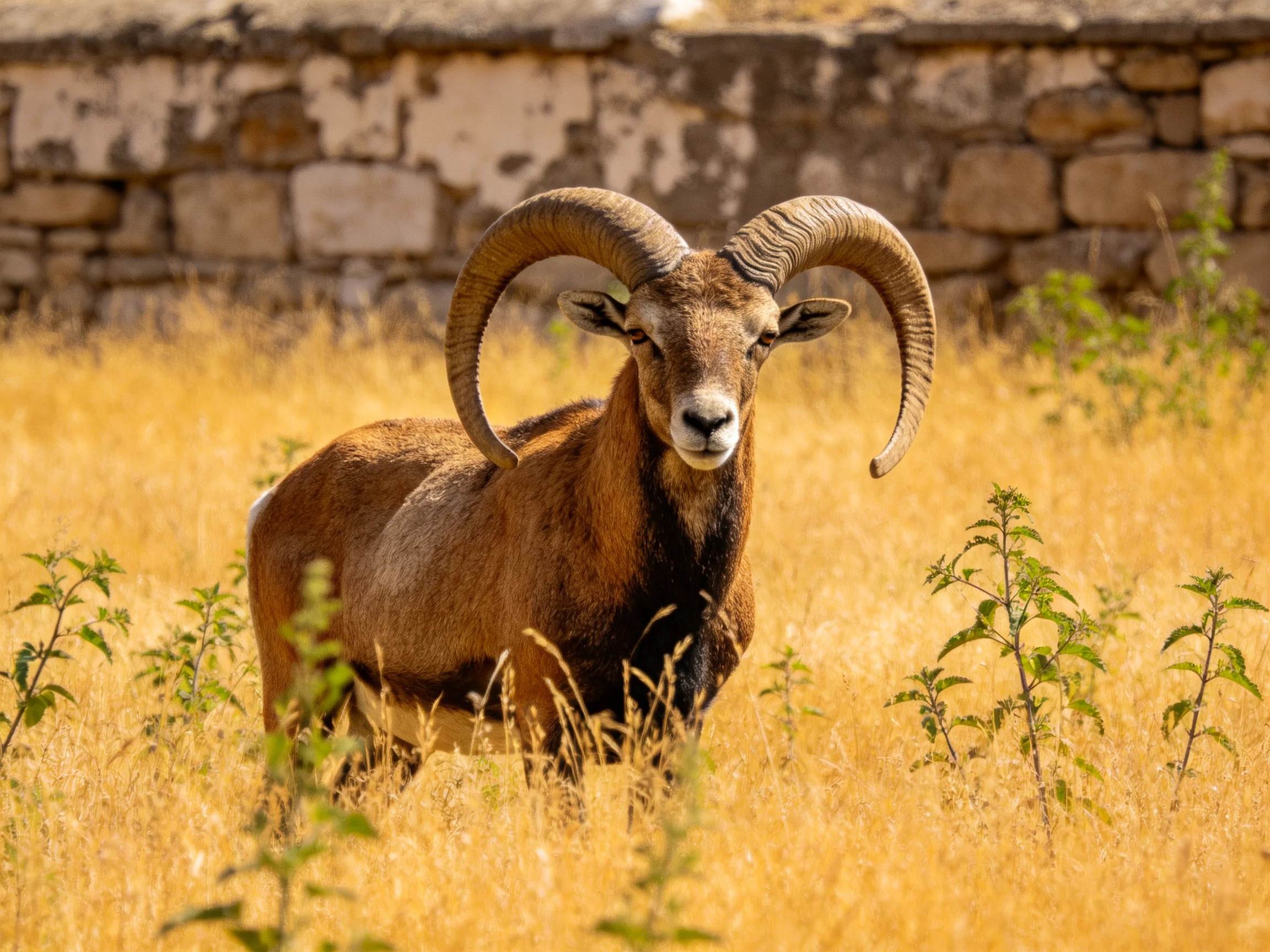 A majestic ram with curved horns in golden grass near ancient stone wall