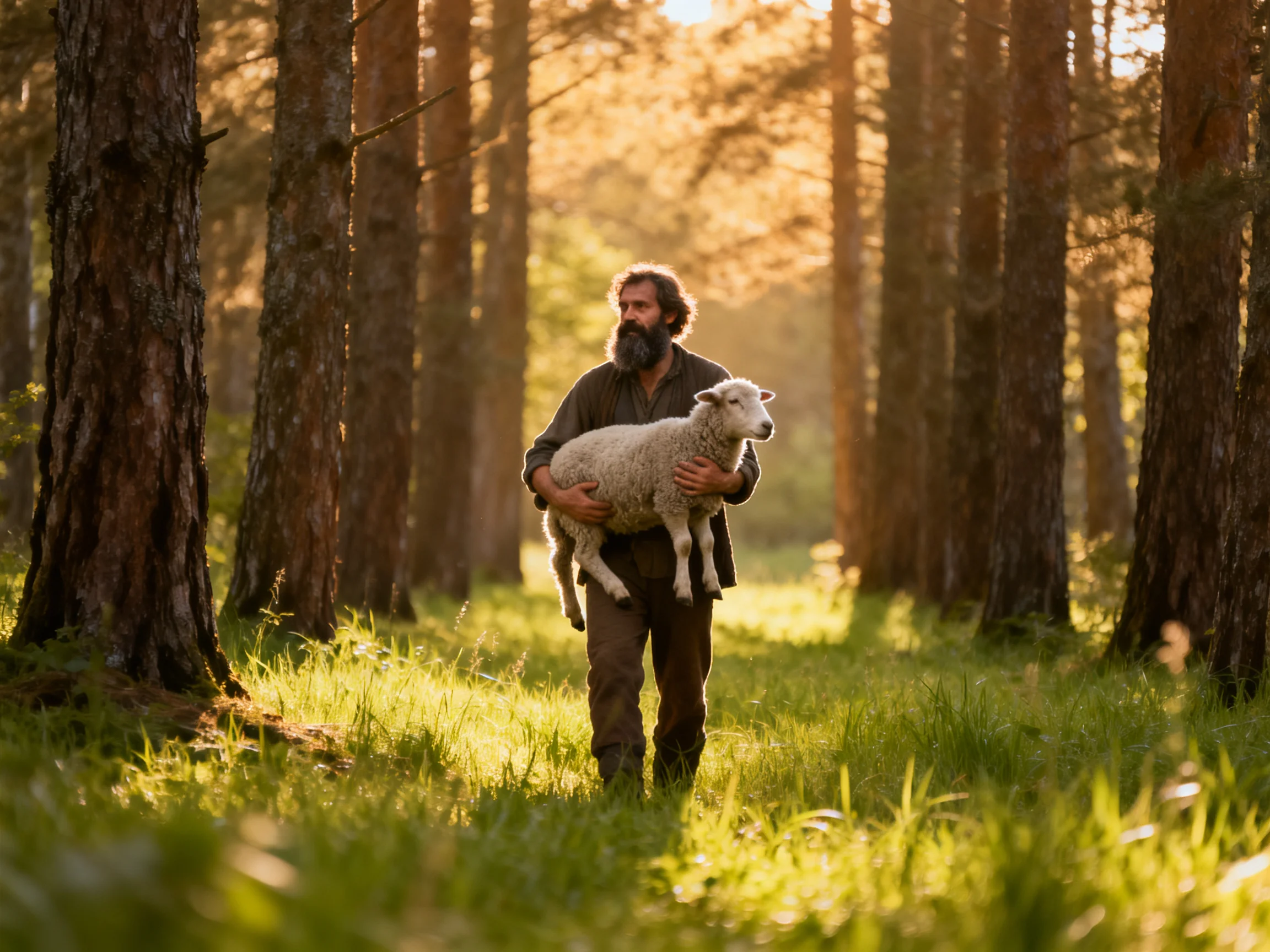 A man carrying a white sheep through a sunlit pine forest
