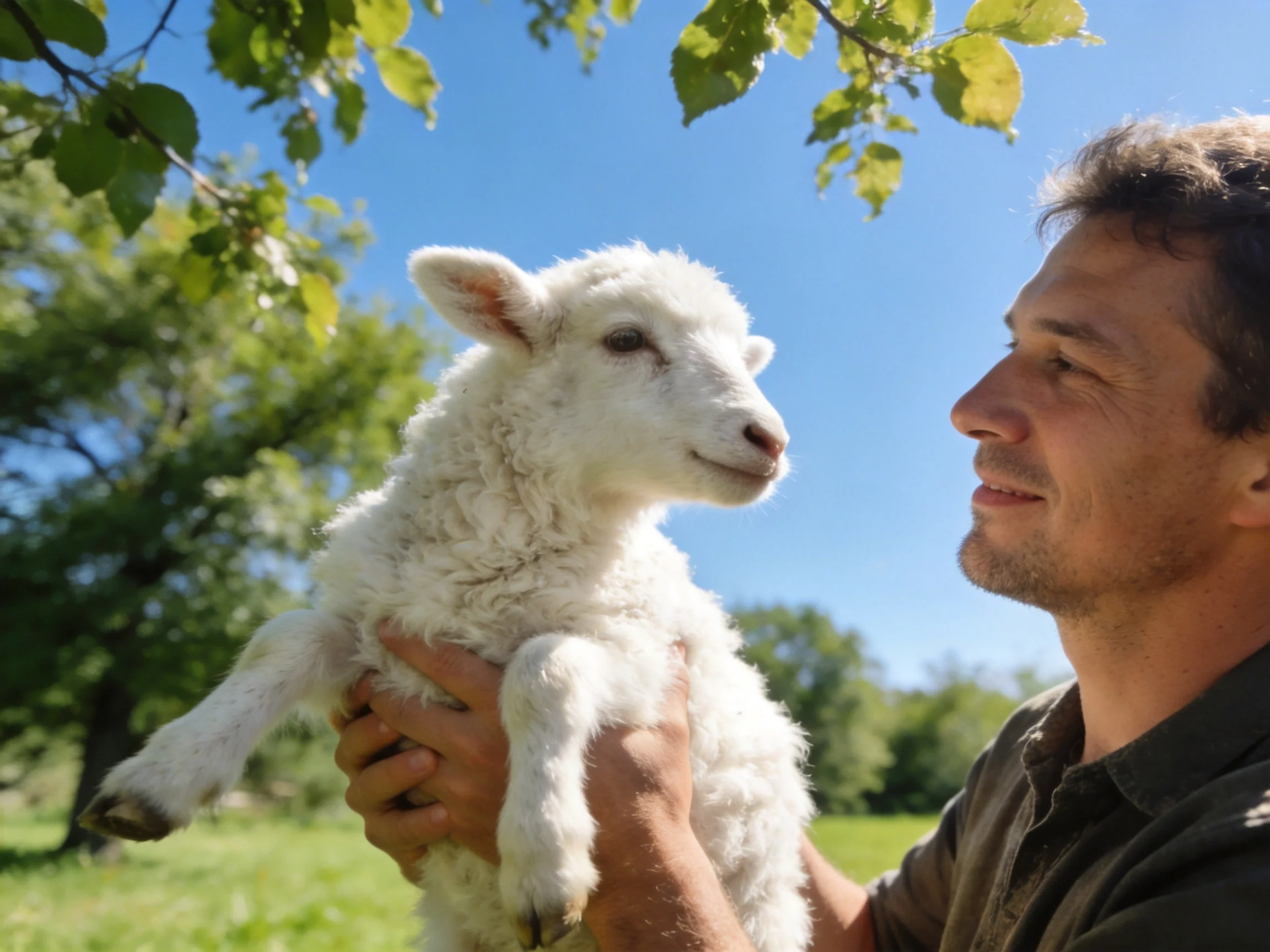 A man cradles a fluffy white lamb in a sunlit, green outdoor setting