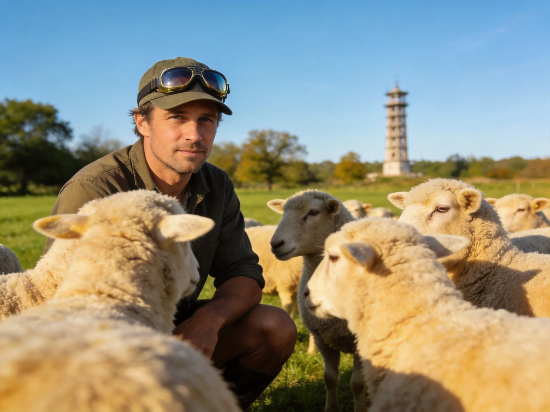 A man crouched among woolly sheep in a sunlit field with a tower