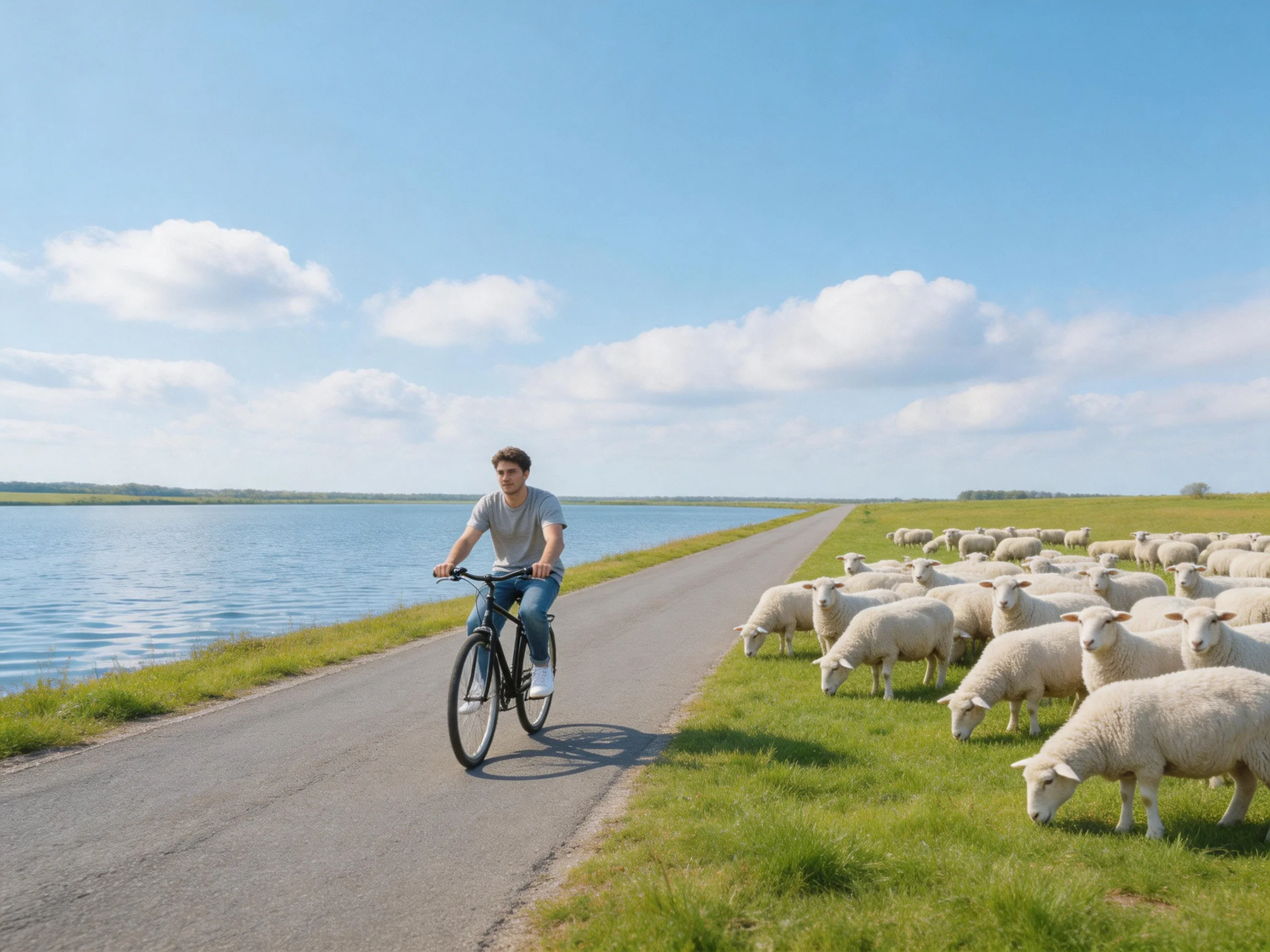 A man cycling past a flock of white sheep by a calm blue lake